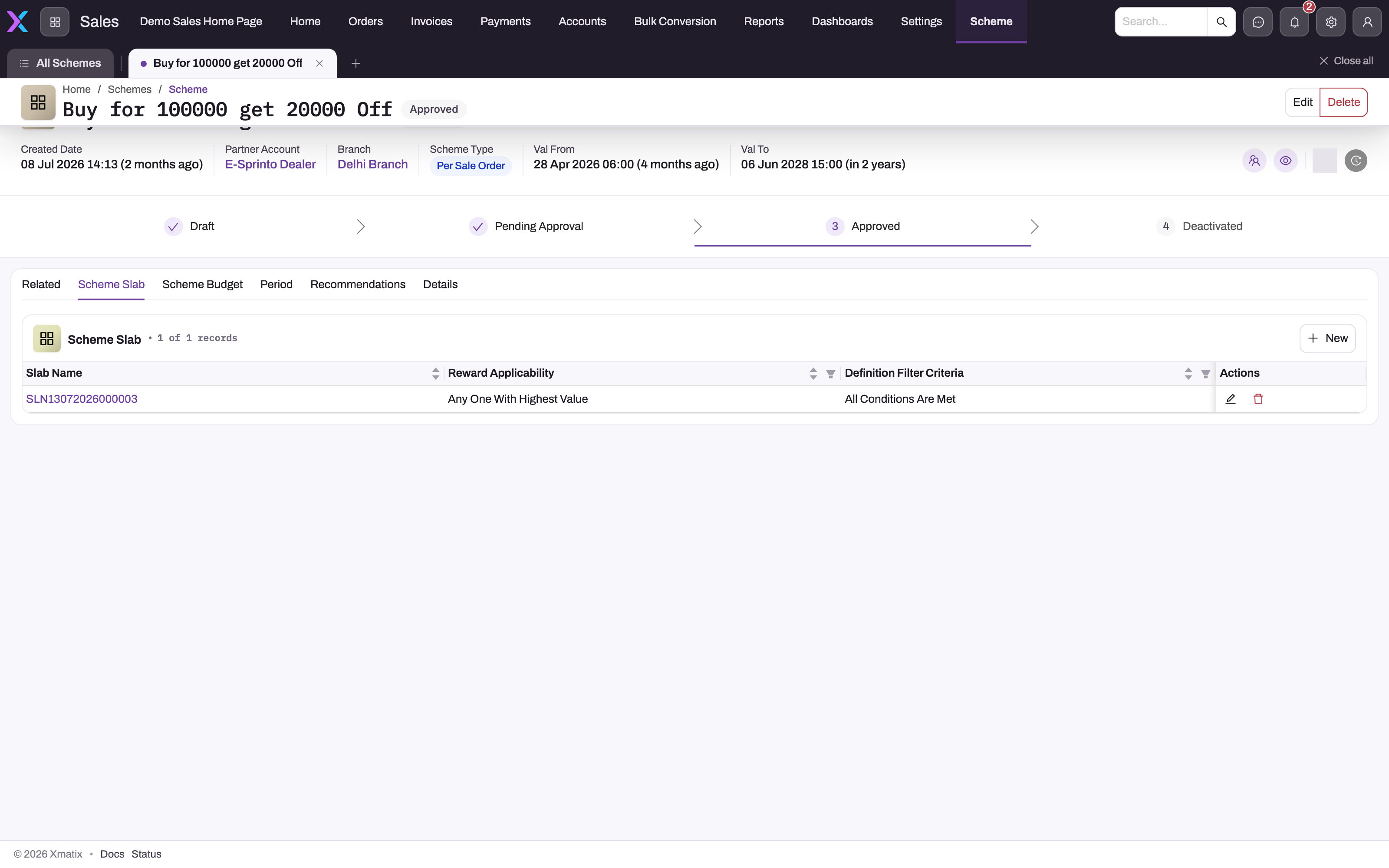 Approved scheme record with the Scheme Slab tab open showing one slab row with Reward Applicability = Any One With Highest Value and Definition Filter Criteria = All Conditions Are Met
