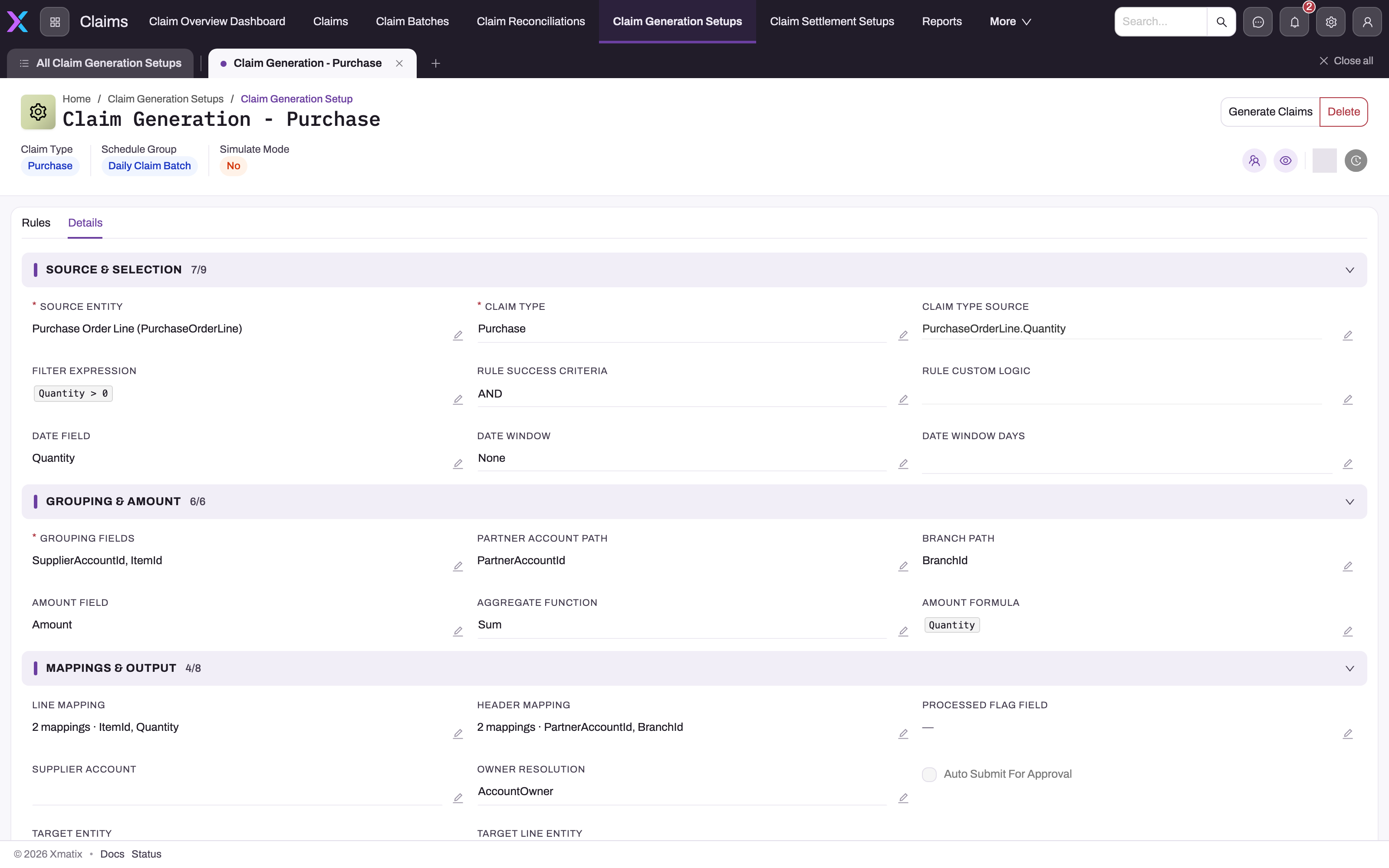 Details tab of a saved claim generation setup showing the Source & Selection, Grouping & Amount and Mappings & Output sections with their persisted values, and the Generate Claims action in the header