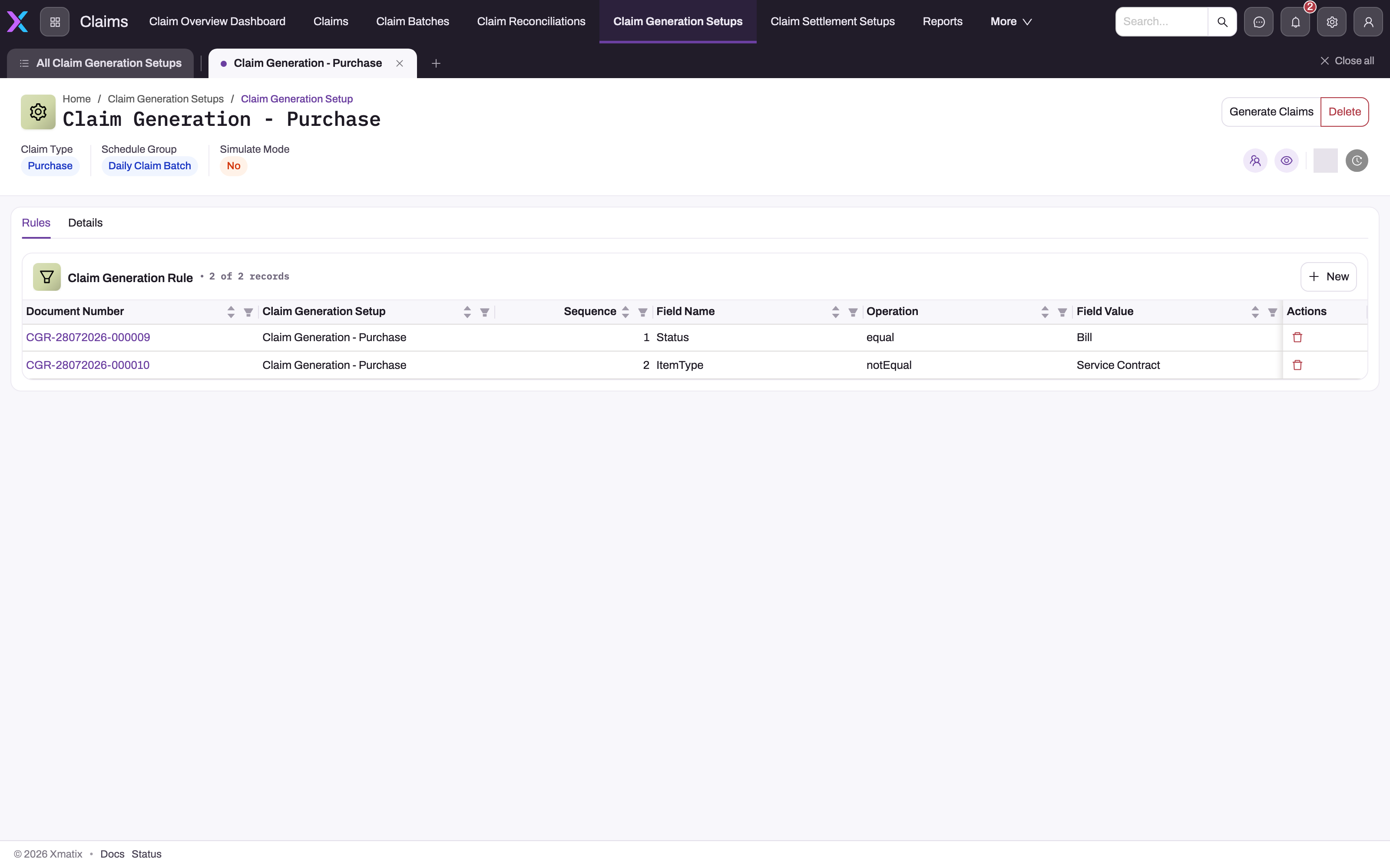 Rules tab of a claim generation setup listing two Claim Generation Rule rows with Sequence, Field Name, Operation and Field Value columns and a New button