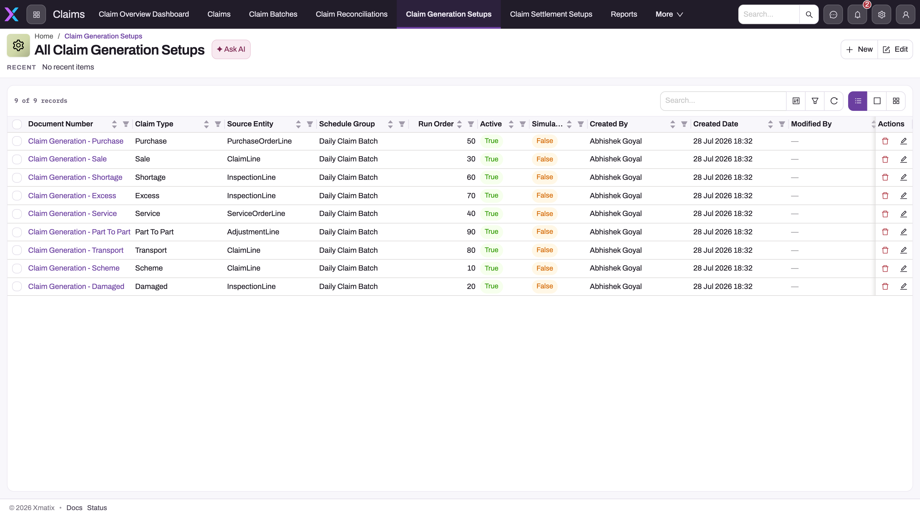 All Claim Generation Setups register in the Claims app listing nine setups with Claim Type, Source Entity, Schedule Group, Run Order, Active and Simulate Mode columns