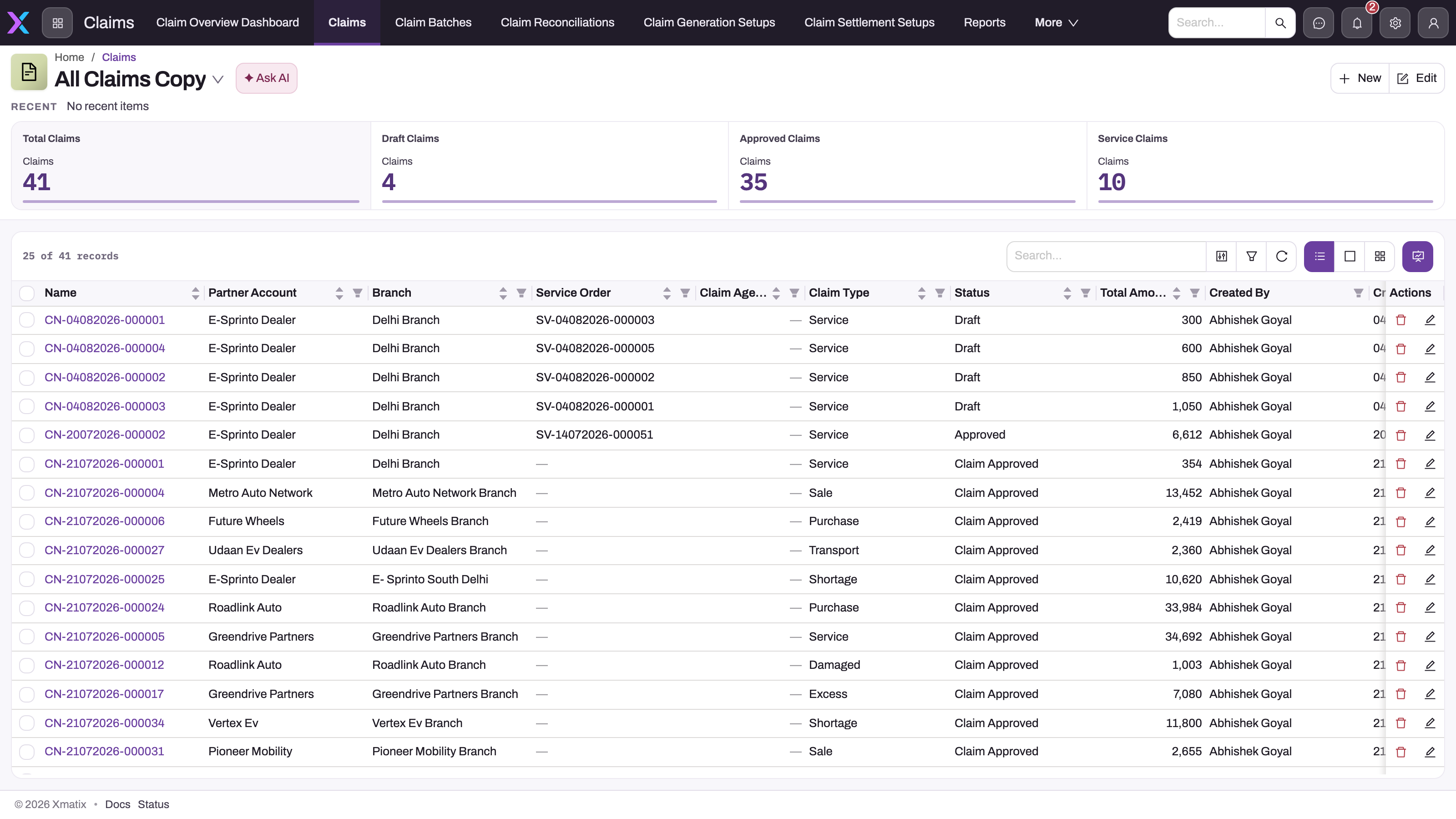 Claims register in the Claims app: summary cards for total, draft, approved and service claims above a table of 41 claims with Partner Account, Branch, Service Order, Claim Type, Status and Total Amount columns