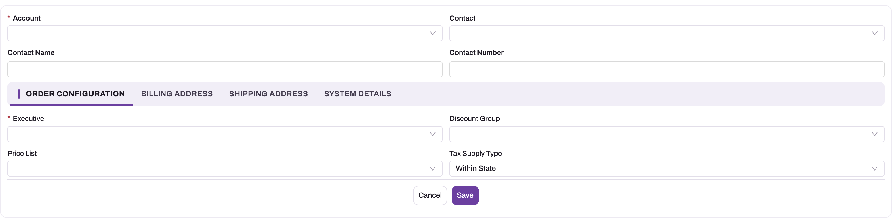 New sales order form: Account, Contact, Contact Name and Contact Number above the Order Configuration tab with Executive, Discount Group, Price List and Tax Supply Type