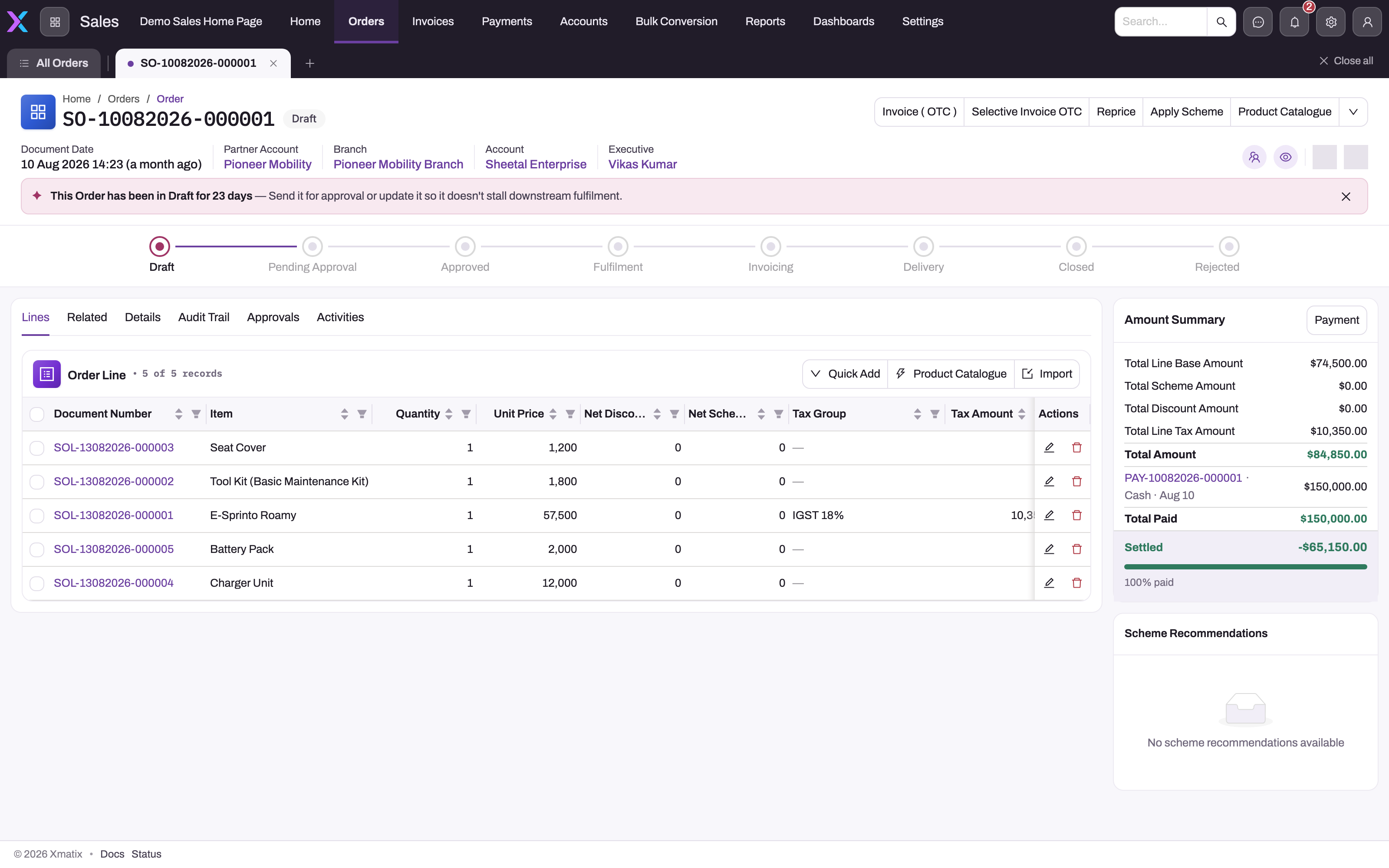 A Draft sale order opened on the Lines tab, showing the header actions, the status stepper from Draft to Rejected, five order lines and the Amount Summary panel