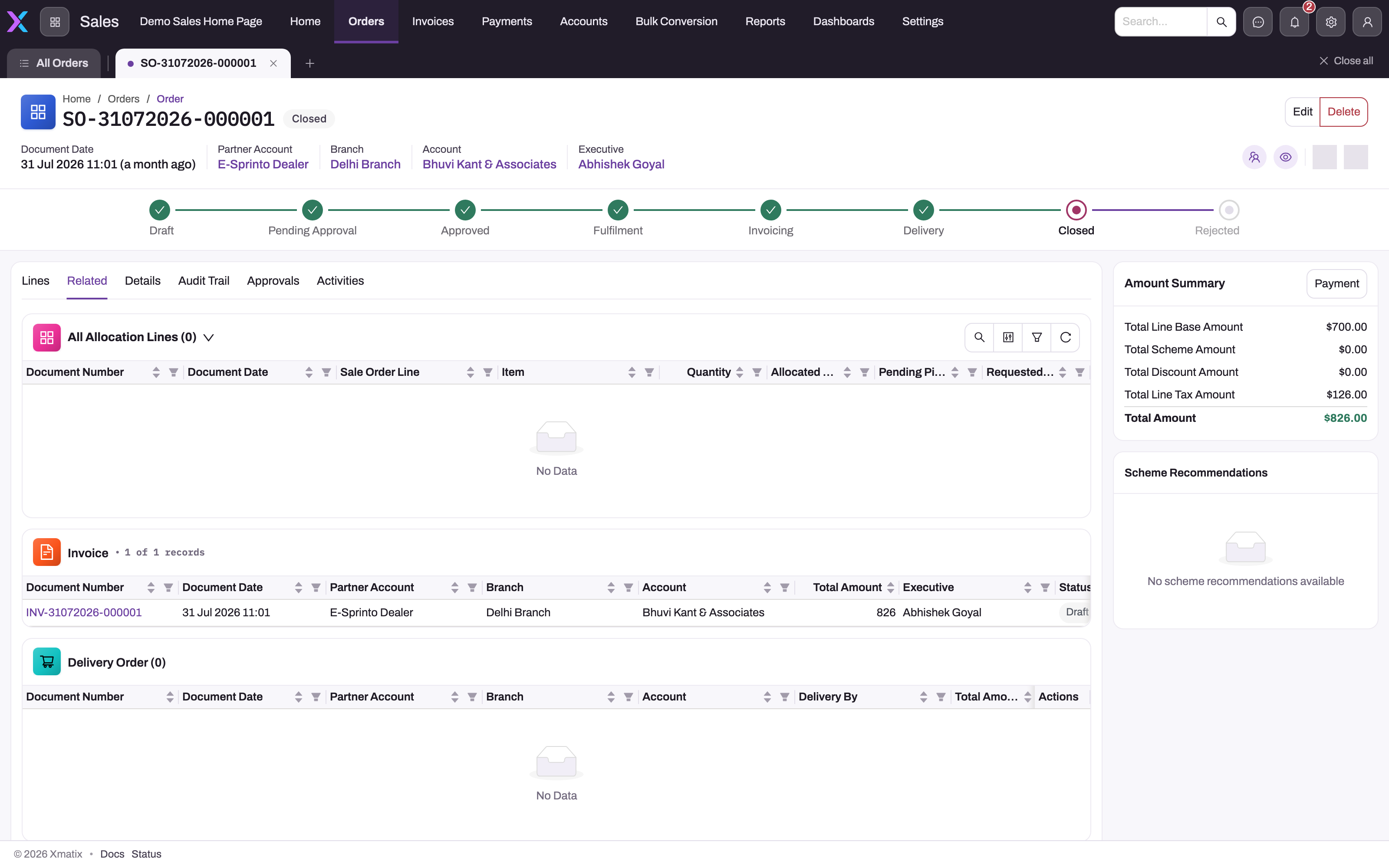 A Closed sale order opened on the Related tab, listing All Allocation Lines (empty), one Draft invoice and an empty Delivery Order grid