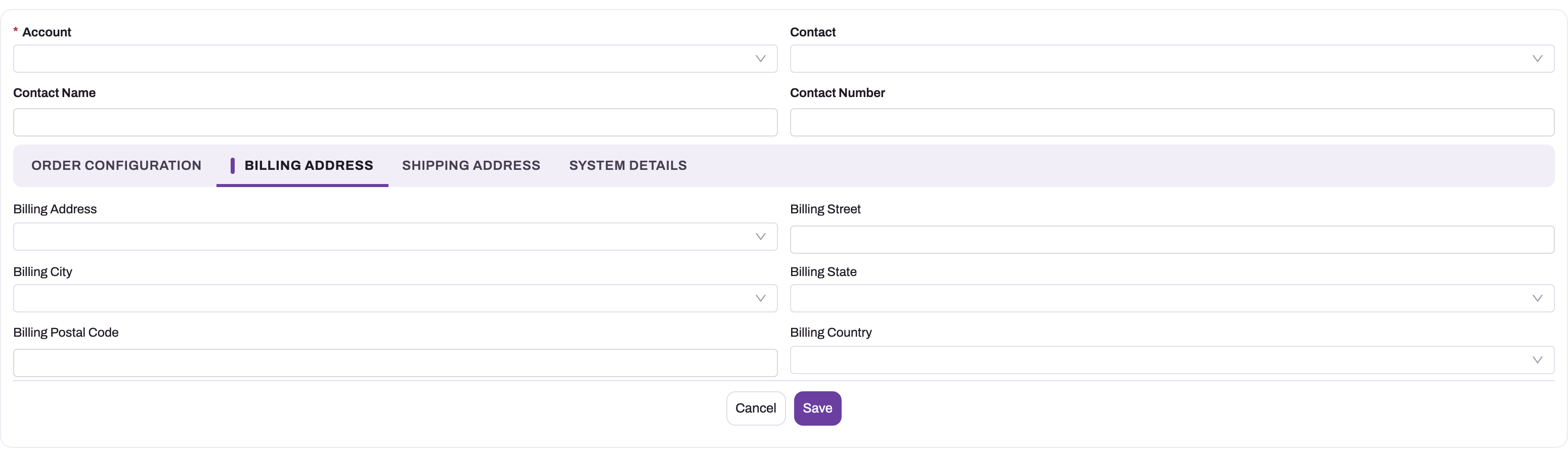 New sales order with the Billing Address tab open: Billing Address, Billing Street, Billing City, Billing State, Billing Postal Code and Billing Country