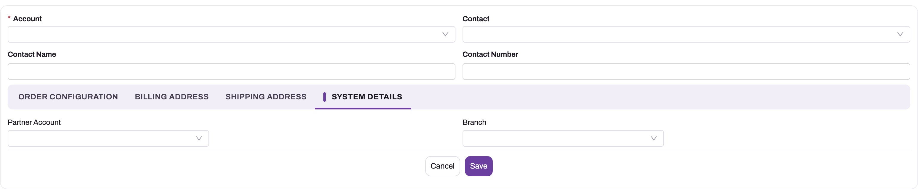 New sales order with the System Details tab open showing the Partner Account and Branch lookups
