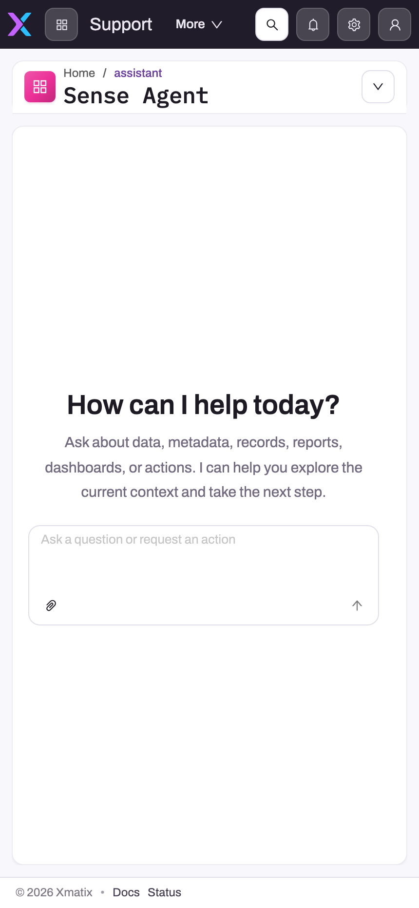 Mobile-width Sense Agent page with empty conversation and visible prompt composer
