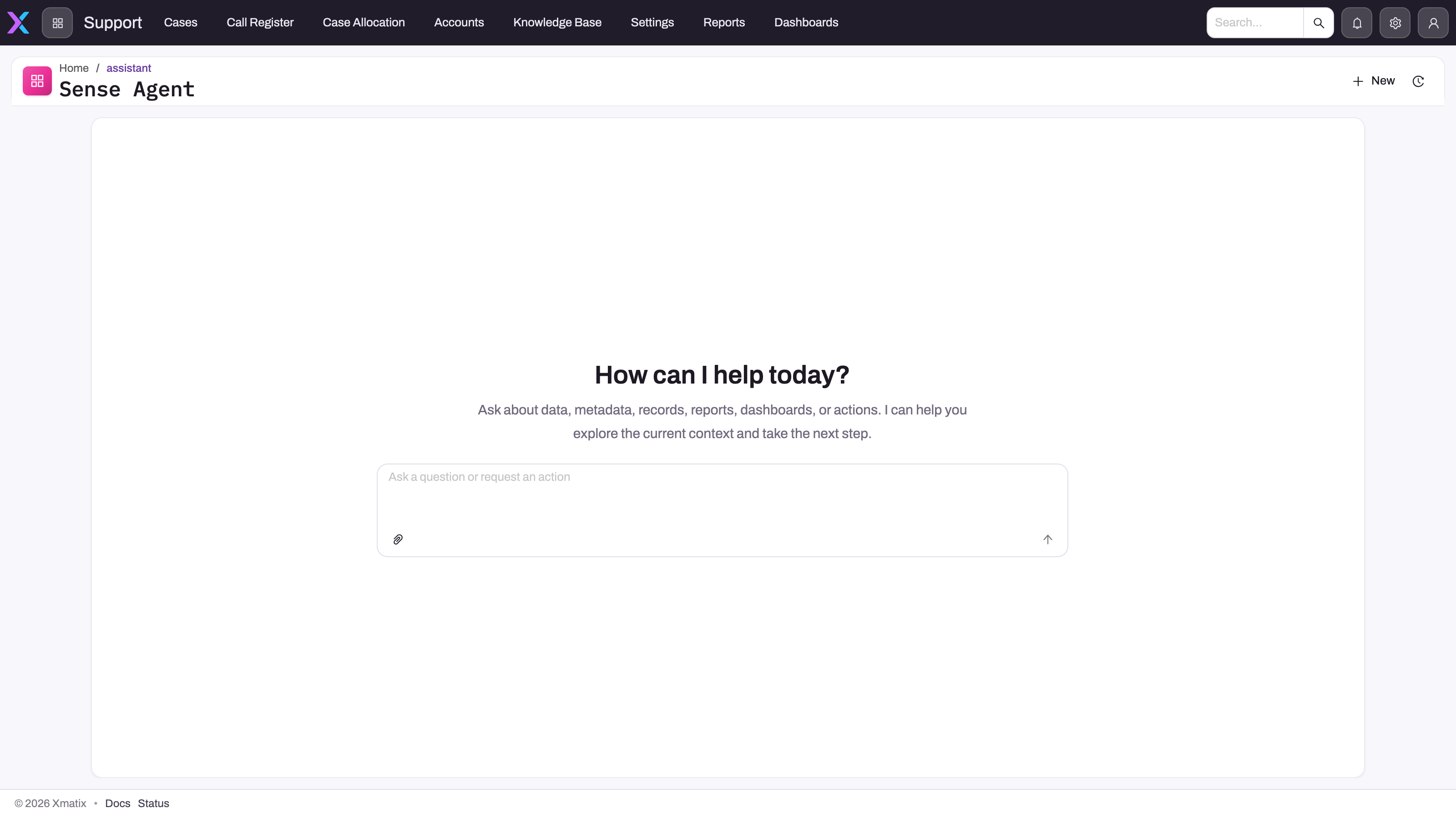 Desktop Sense Agent page with an empty conversation and visible prompt composer