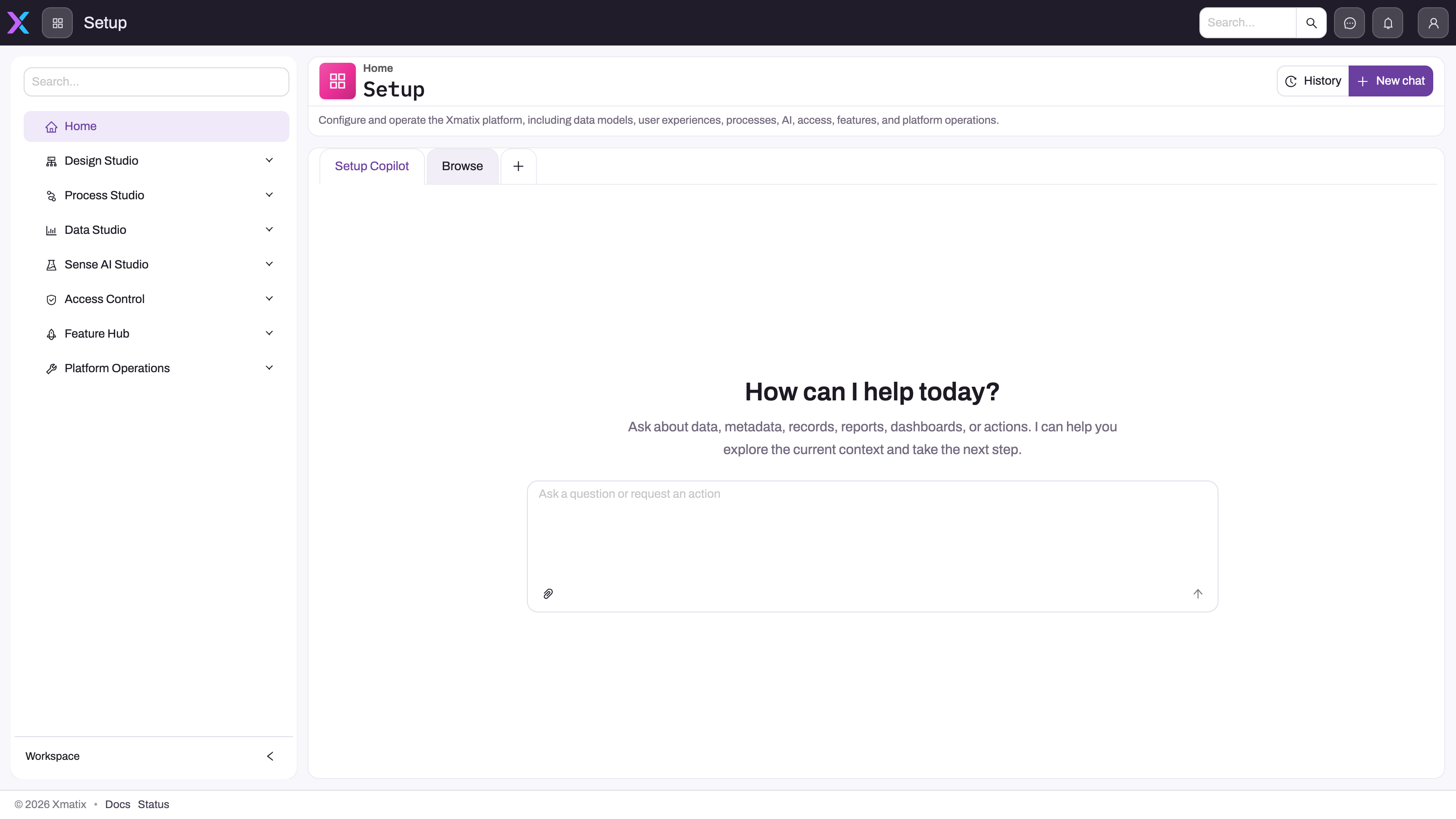 Setup home with Setup Copilot conversation tab, Browse tab, history and new-chat actions, with the prompt visible