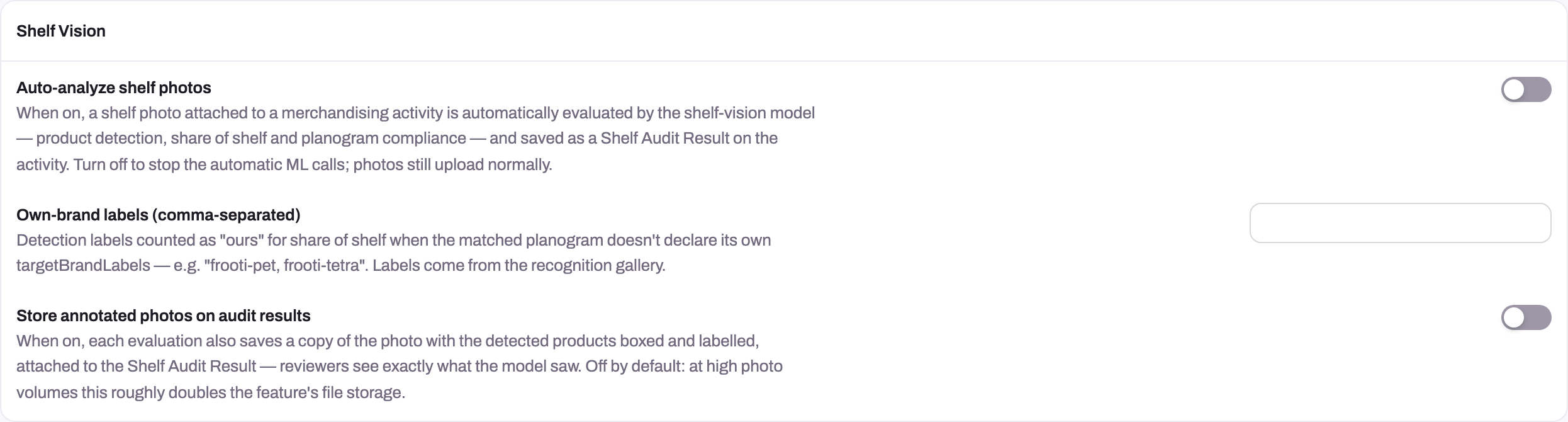 Shelf Vision settings card with automatic analysis, own-brand labels and annotated-photo controls