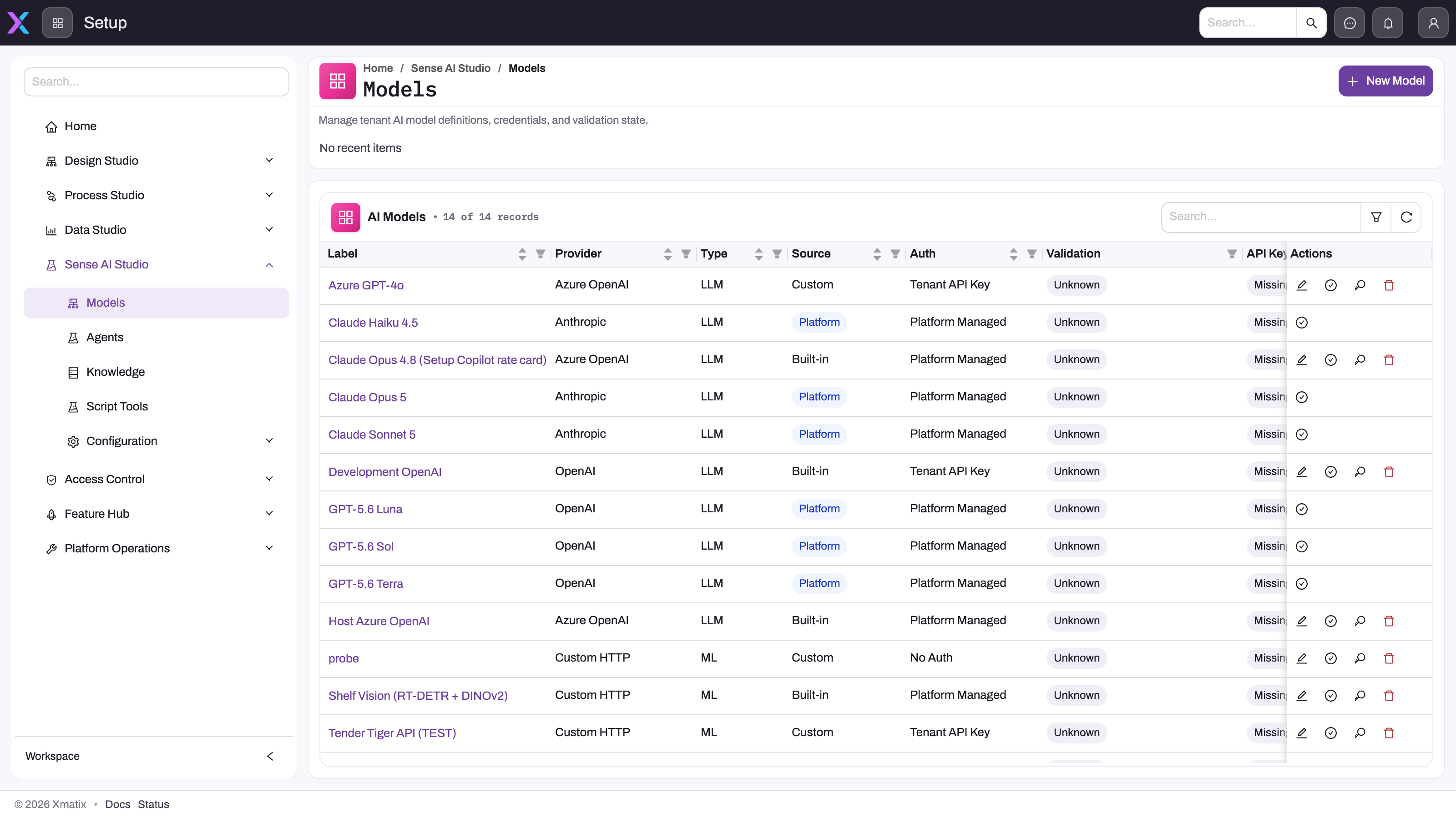 AI Studio Models registry with model rows and search values visible