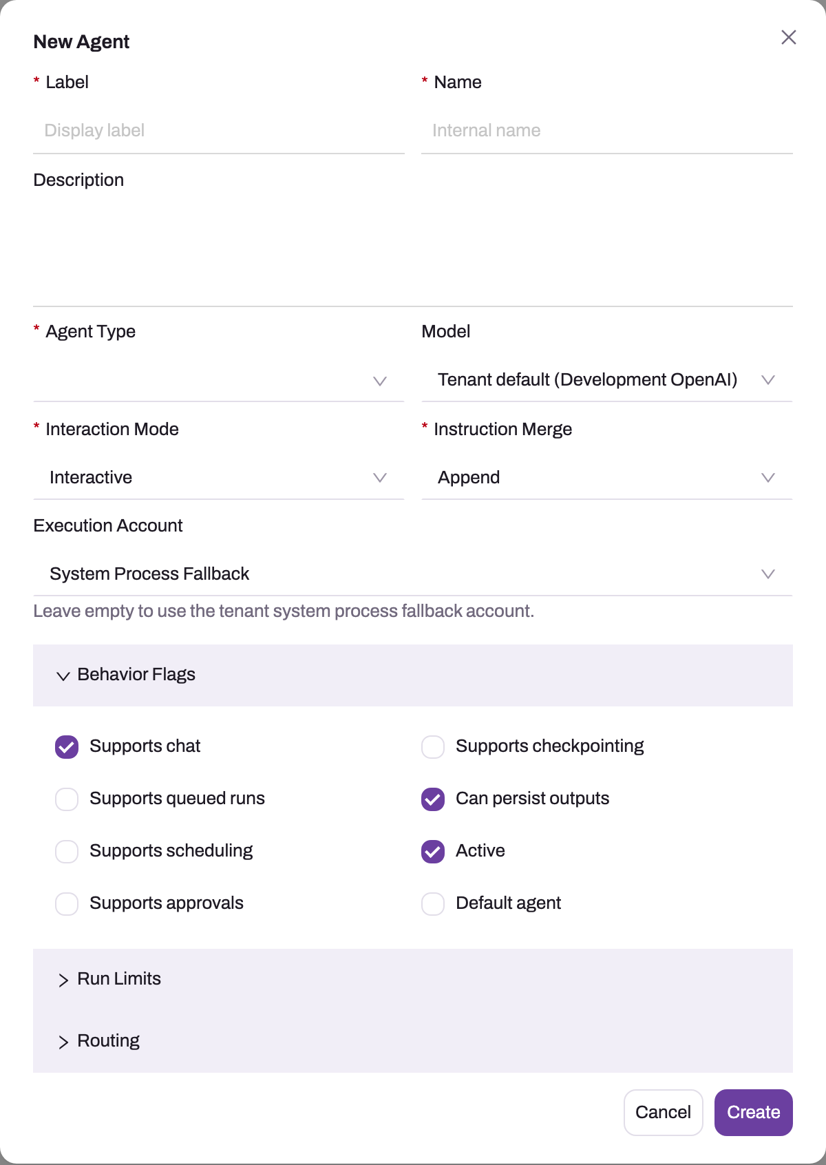 New Agent dialog with the Behavior Flags panel expanded, showing Supports chat, queued runs, scheduling, approvals, checkpointing, Can persist outputs, Active and Default agent checkboxes