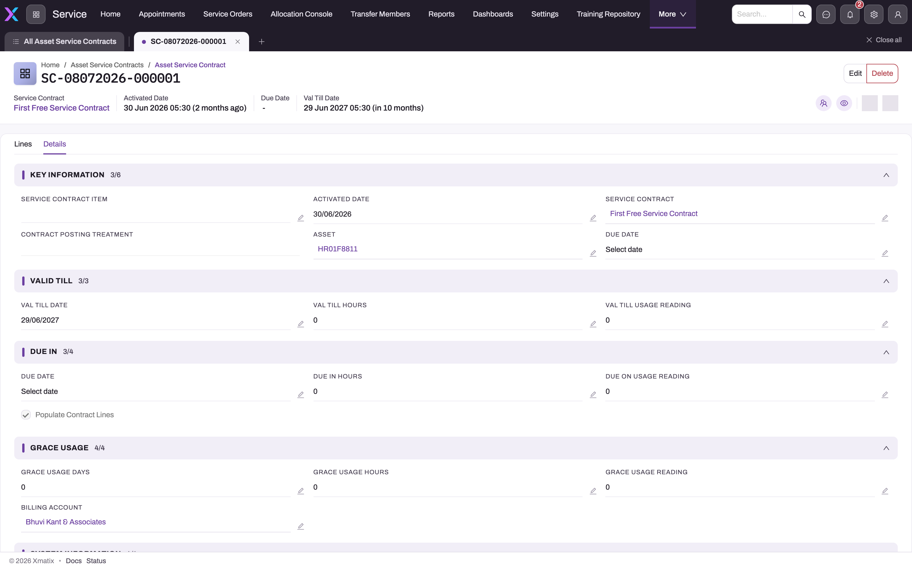 Asset service contract Details tab with Key Information (Service Contract Item, Activated Date, Service Contract, Contract Posting Treatment, Asset, Due Date), Valid Till, Due In with Populate Contract Lines, and Grace Usage with Billing Account