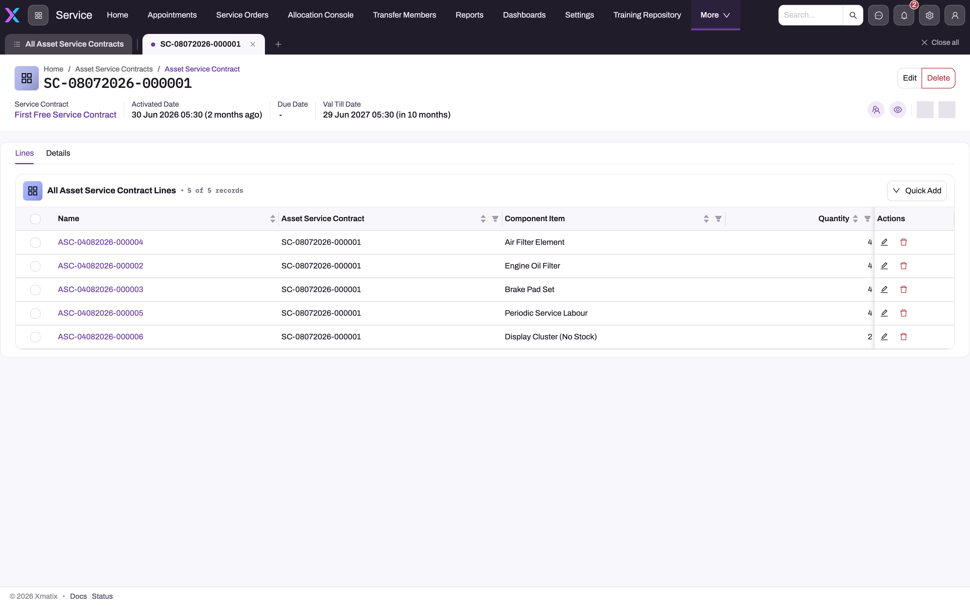 Saved asset service contract opened on its Lines tab, listing five Asset Service Contract Lines with Component Item and Quantity, a Quick Add button, and header statistics for Service Contract, Activated Date, Due Date and Val Till Date