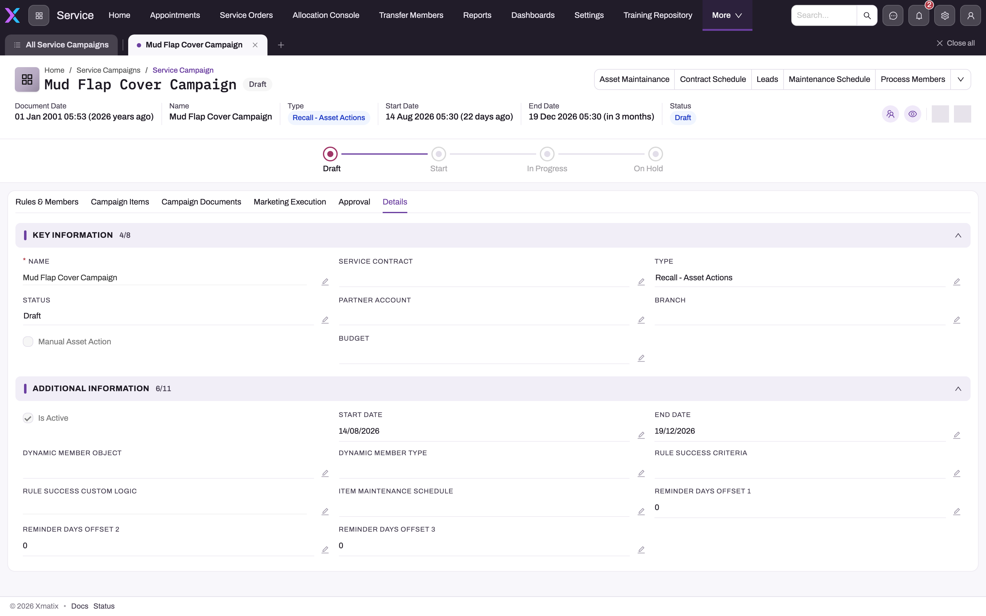 The campaign Details tab