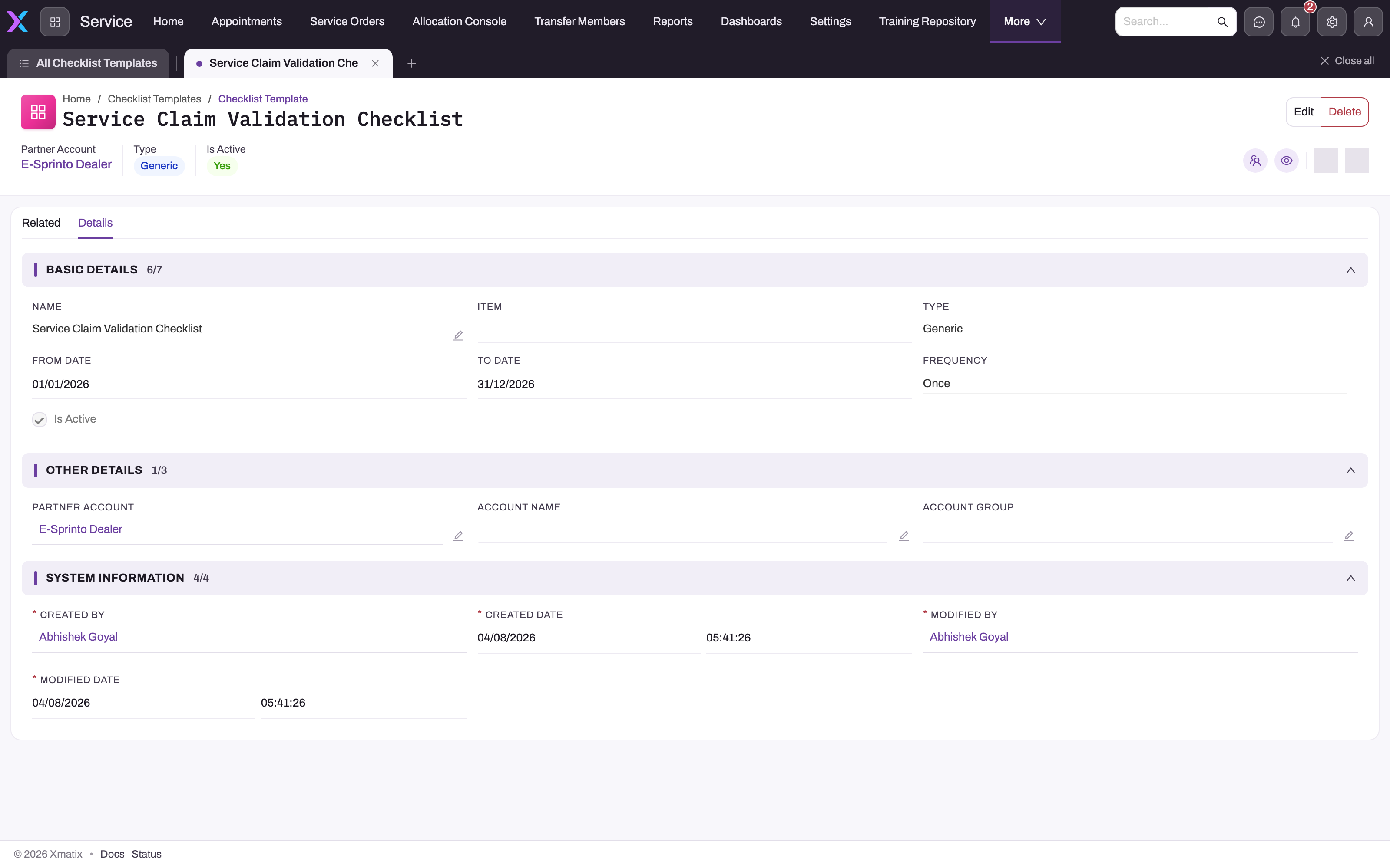 Checklist template Details tab showing Basic Details (Name, Item, Type, From Date, To Date, Frequency, Is Active), Other Details (Partner Account, Account Name, Account Group) and System Information