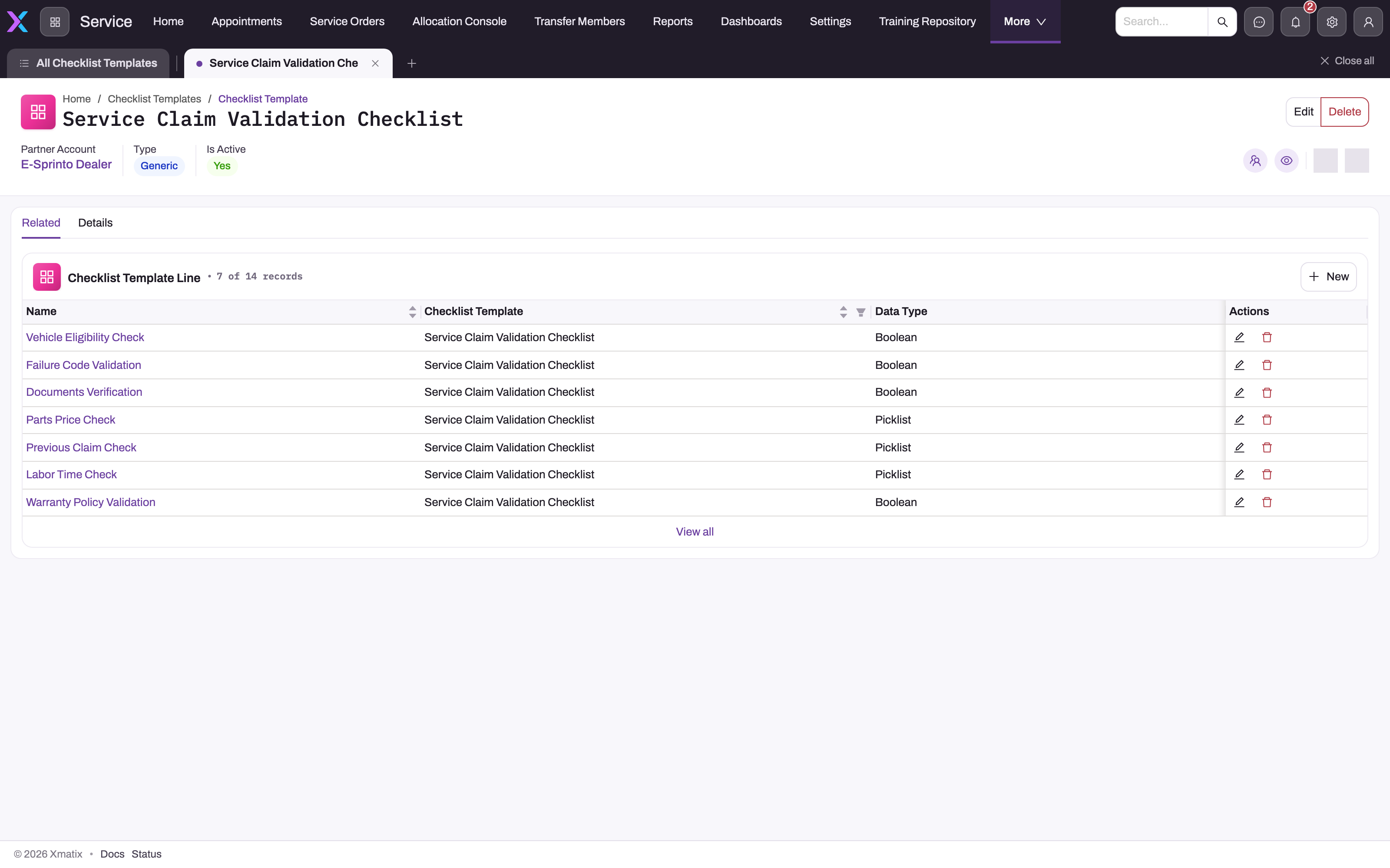 Saved checklist template opened on its Related tab, listing Checklist Template Line rows with Name, Checklist Template and Data Type columns and a New button