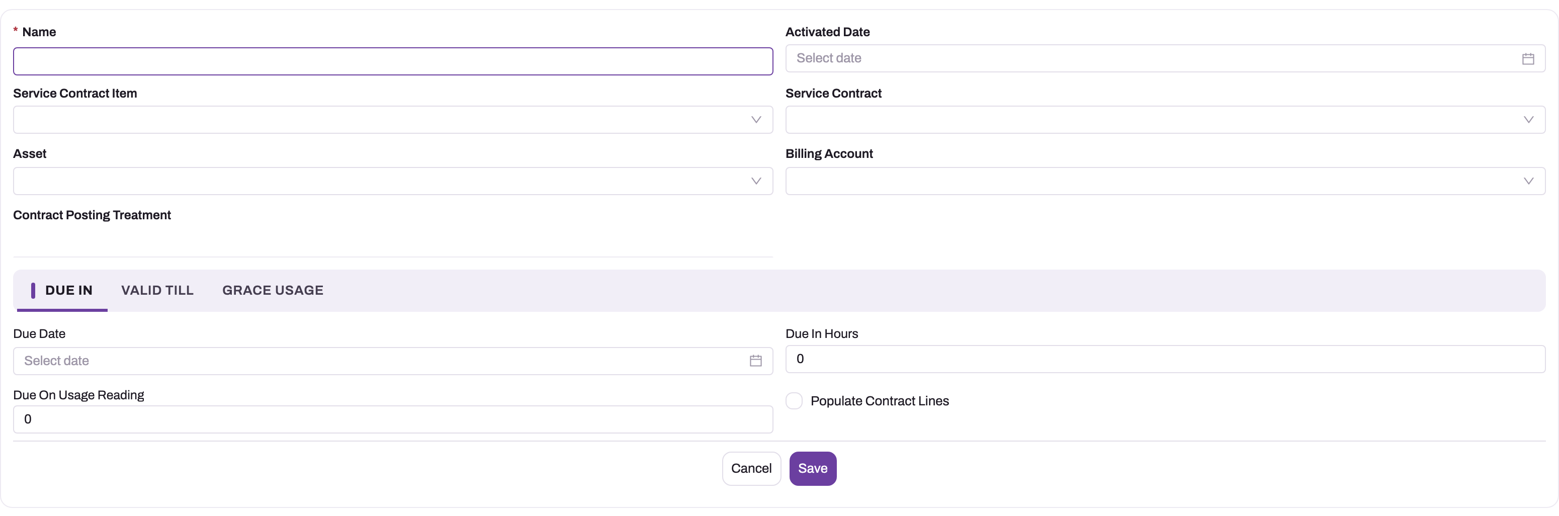 New Asset Service Contract form with Name, Activated Date, Service Contract Item, Service Contract, Asset and Billing Account fields above the Due In, Valid Till and Grace Usage tabs
