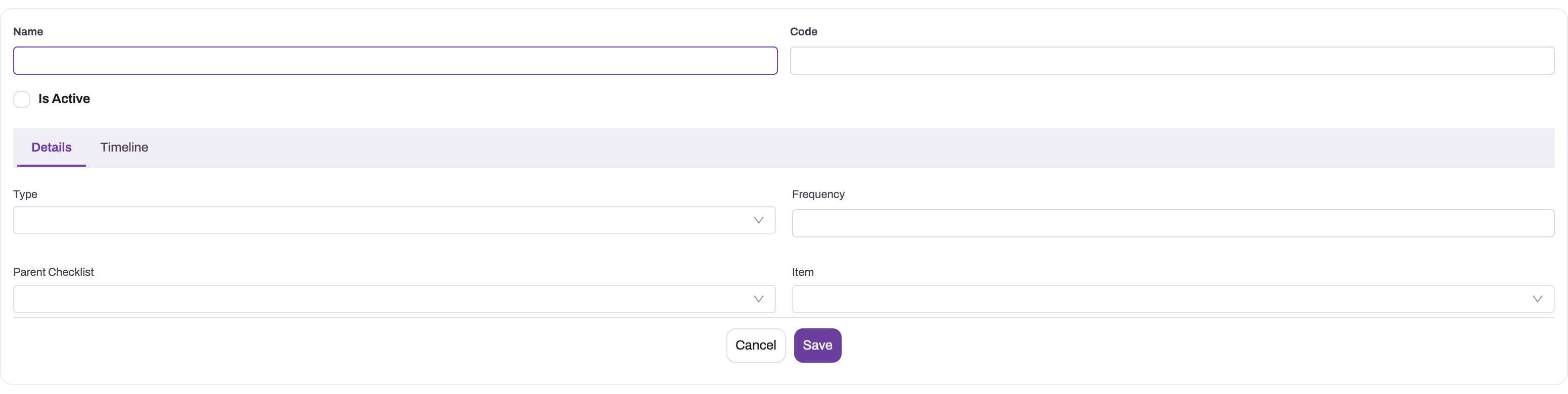 New checklist template form with name, code, active state, type, frequency, parent and item
