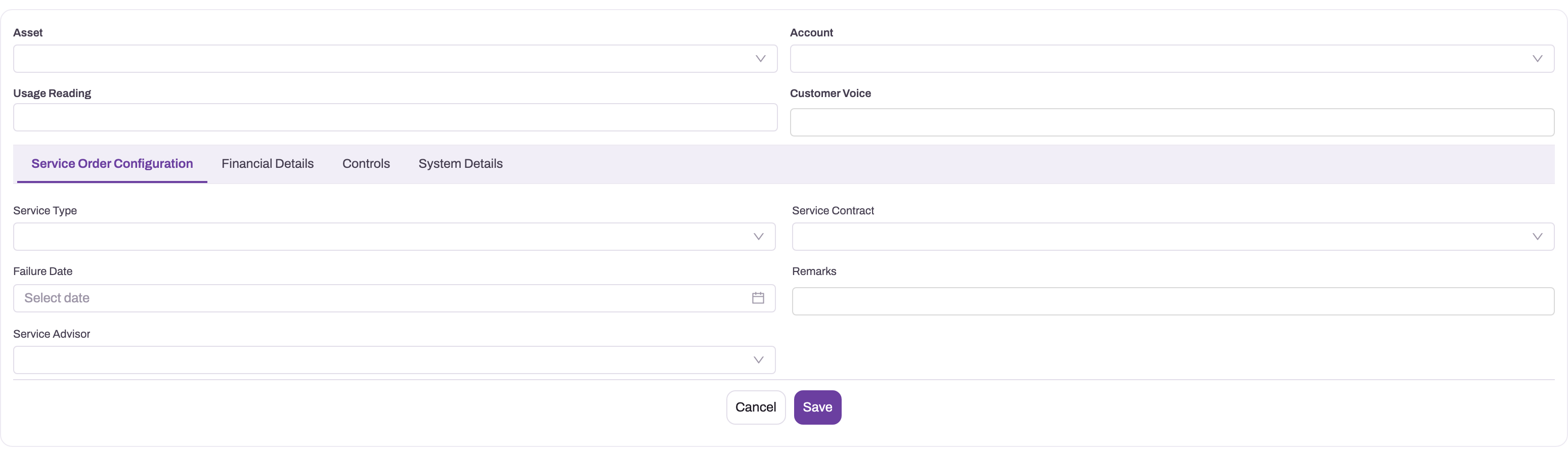 New Service Order form showing Asset, Account, Usage Reading and Customer Voice above the Service Order Configuration tab with Service Type, Service Contract, Failure Date, Remarks and Service Advisor