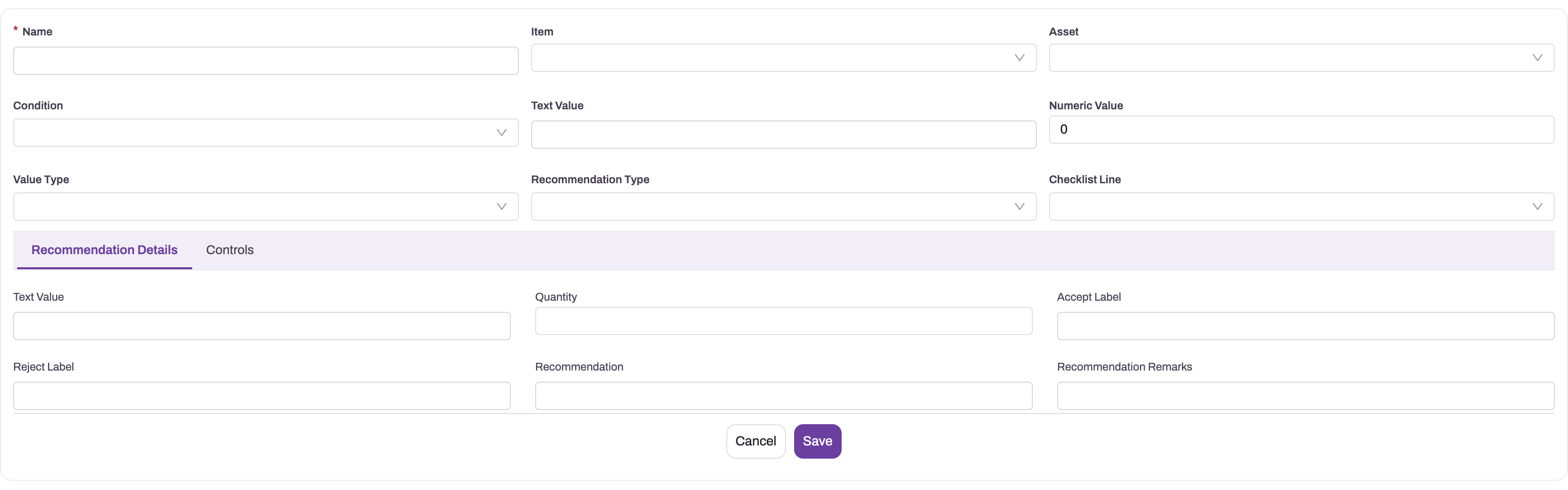 New Service Recommendation form with Name, Item, Asset, Condition, Text Value, Numeric Value, Value Type, Recommendation Type and Checklist Line, and a Recommendation Details tab with Quantity, Accept Label, Reject Label, Recommendation and Recommendation Remarks