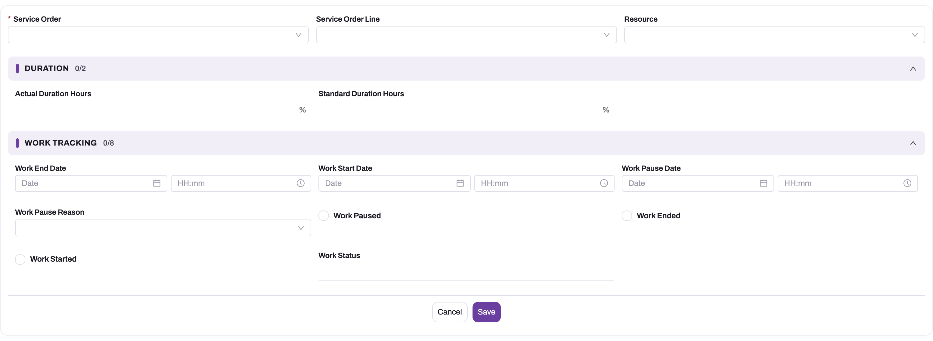 New service time sheet form with Service Order, Service Order Line and Resource fields above the Duration and Work Tracking sections