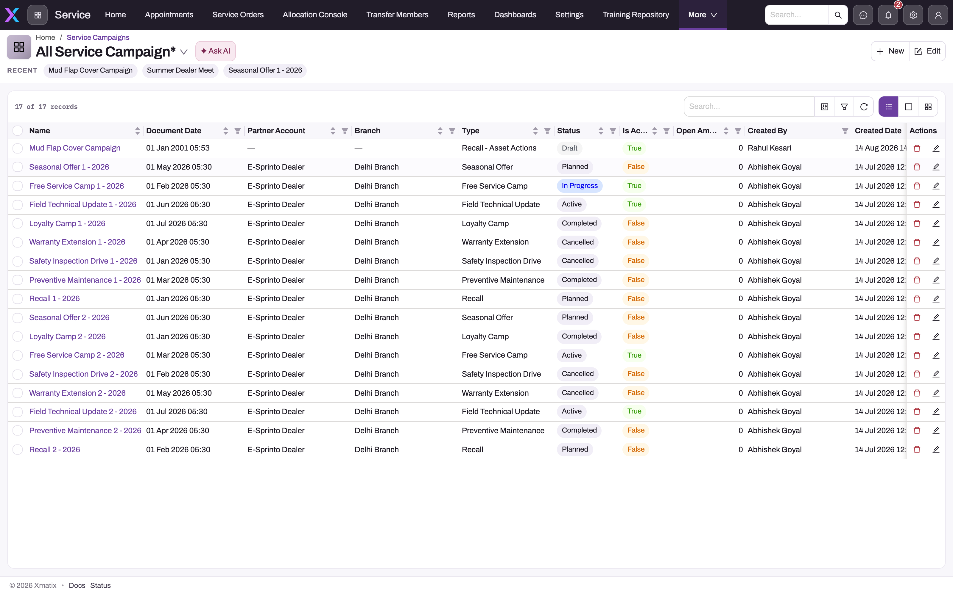All Service Campaign list with 17 campaigns showing Name, Document Date, Partner Account, Branch, Type, Status, Is Active, Open Amount and audit columns