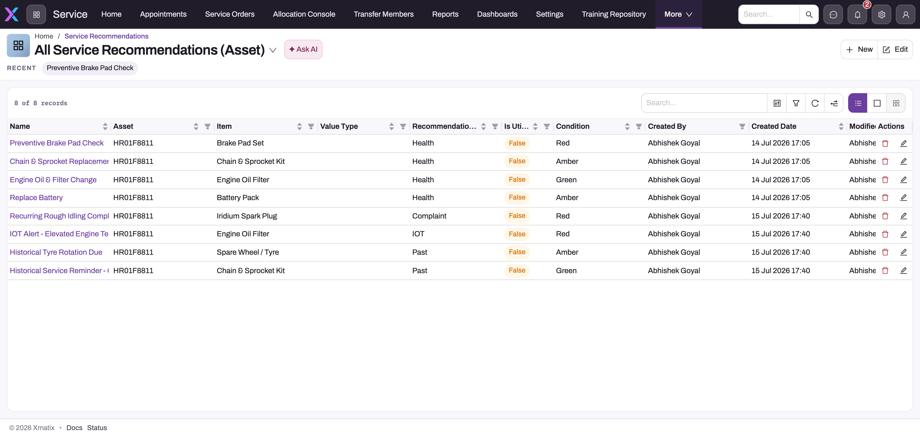 All Service Recommendations list with eight open recommendations for one asset showing Item, Value Type, Recommendation Type (Health, Complaint, IOT, Past), Is Utilized and Condition (Red, Amber, Green)
