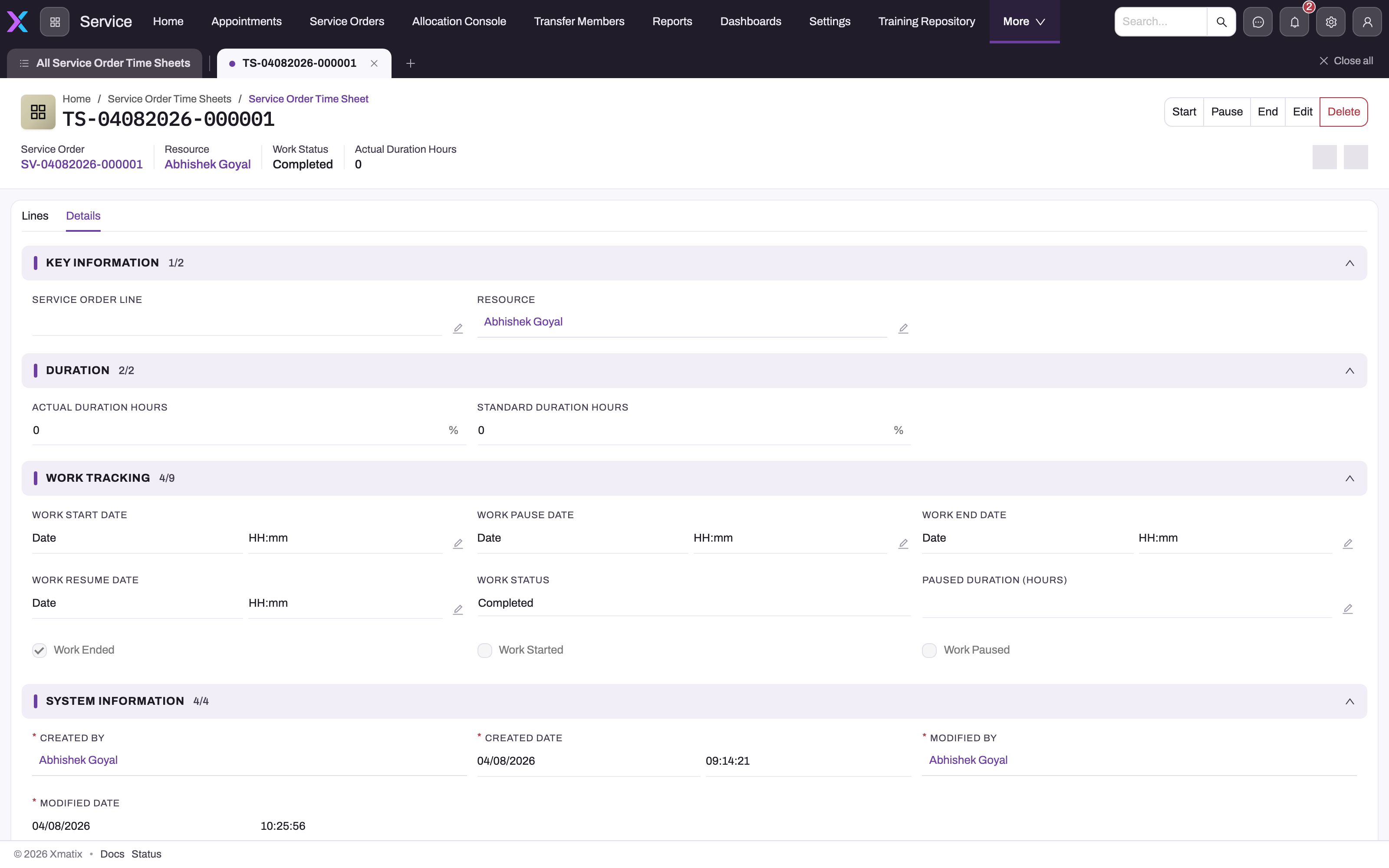 Saved time sheet with Start, Pause, End, Edit and Delete actions, header statistics and the Details tab showing Key Information, Duration, Work Tracking and System Information