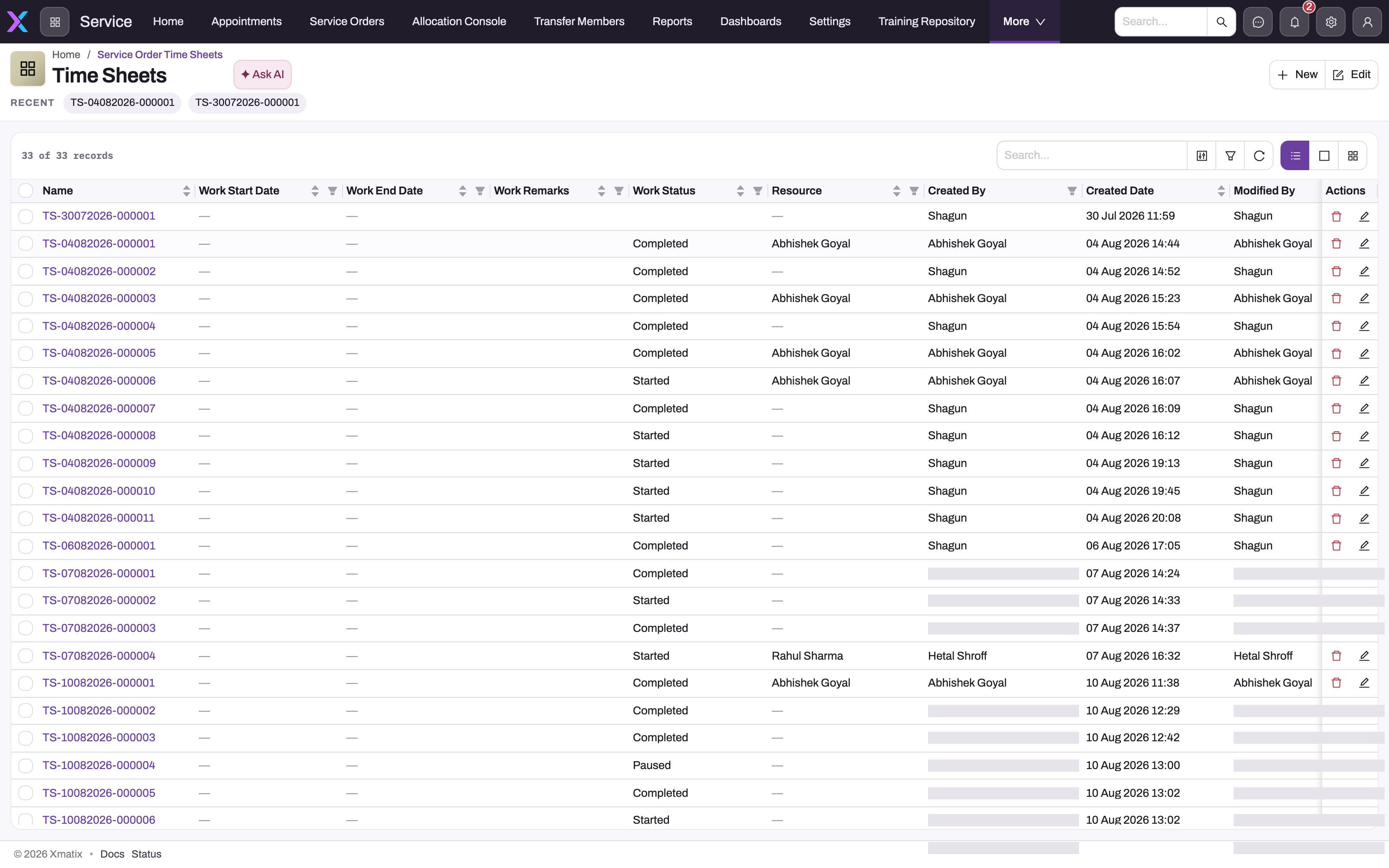 Time Sheets list showing sheet names, blank work start and end dates, work status, resource and audit columns