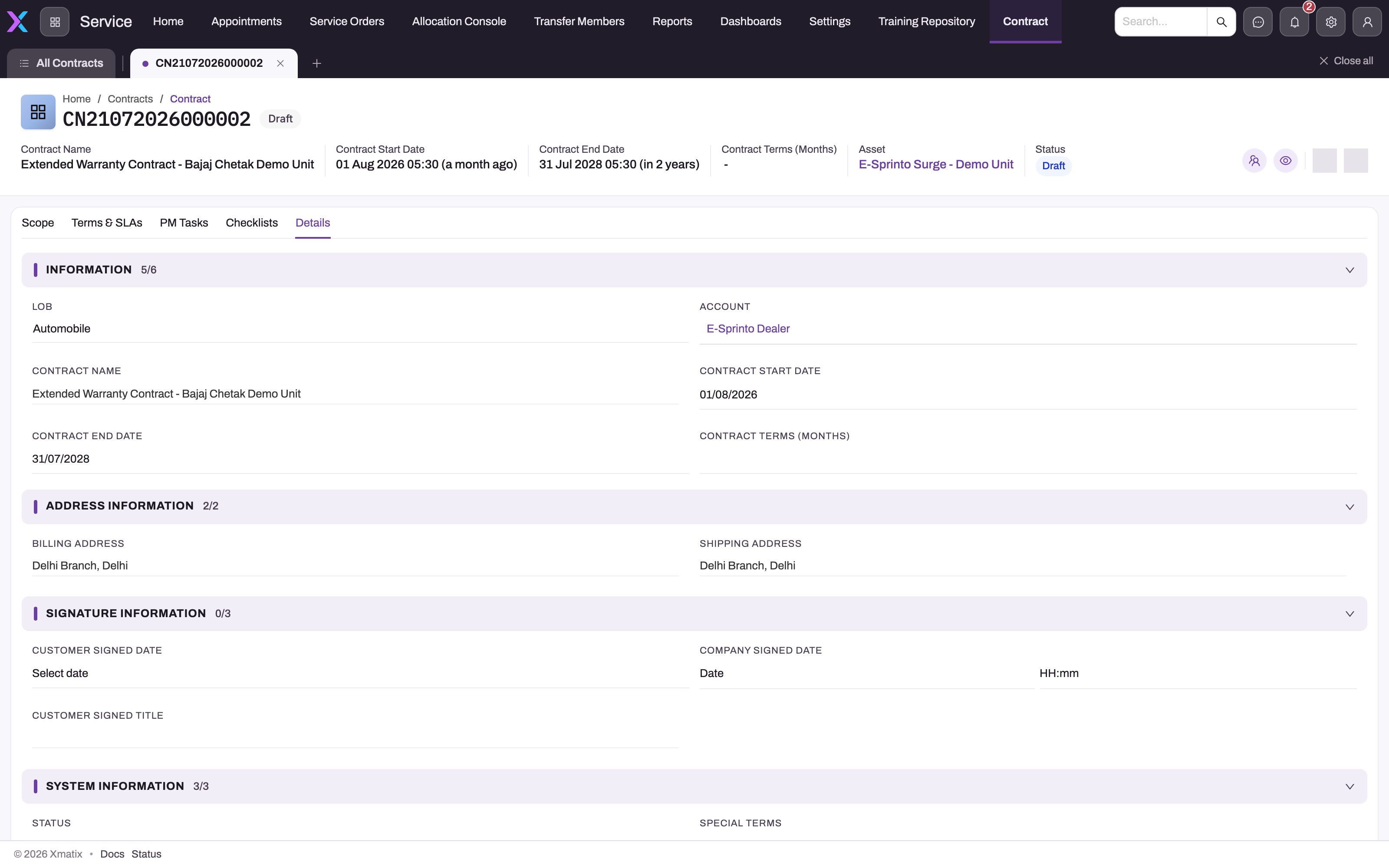 Contract Details tab showing Information (LOB, Account, Contract Name, Contract Start Date, Contract End Date, Contract Terms), Address Information (Billing and Shipping Address), Signature Information (Customer Signed Date, Company Signed Date, Customer Signed Title) and System Information (Status, Special Terms)