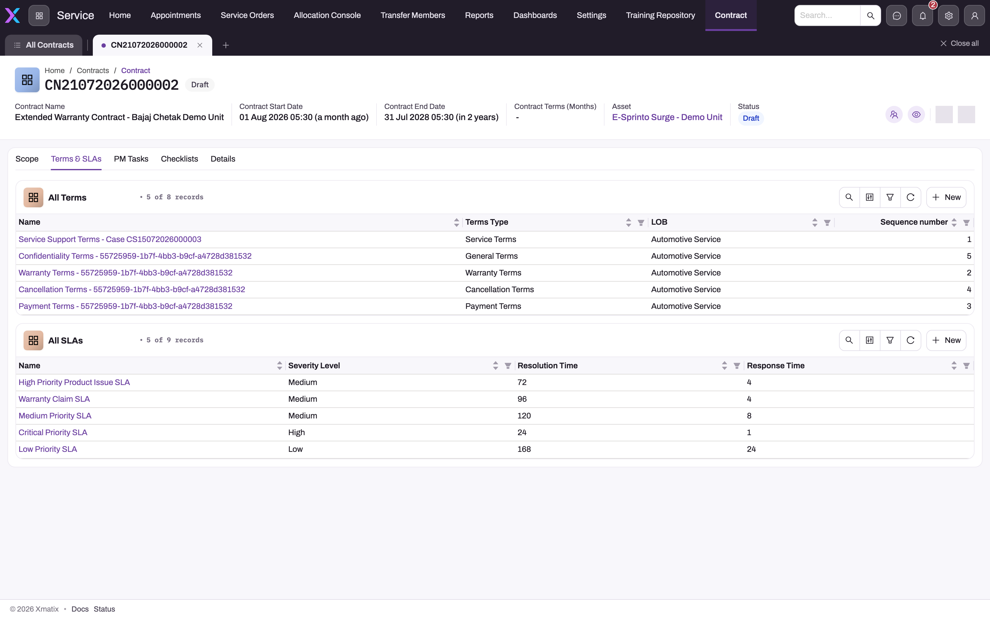 Contract record on the Terms & SLAs tab showing the All Terms list (Terms Type, LOB, Sequence number) above the All SLAs list (Severity Level, Resolution Time, Response Time), each with a New button
