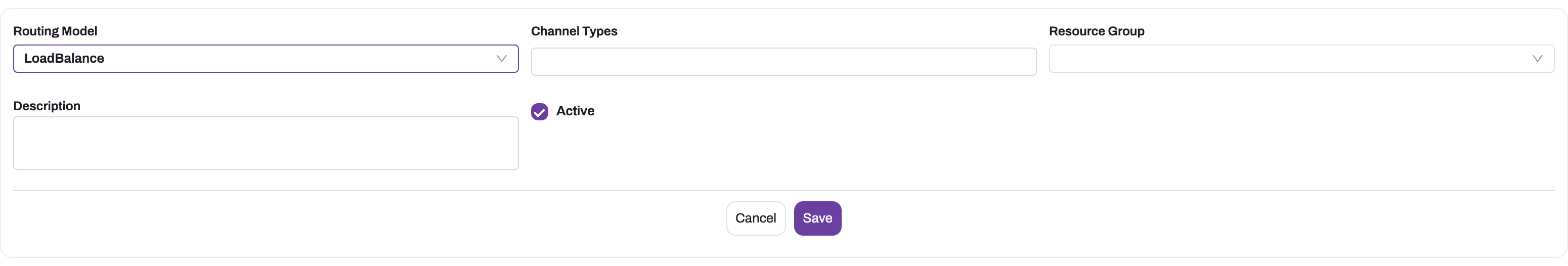 New Queue form showing Routing Model (LoadBalance), Channel Types, Resource Group, Description and the Active checkbox