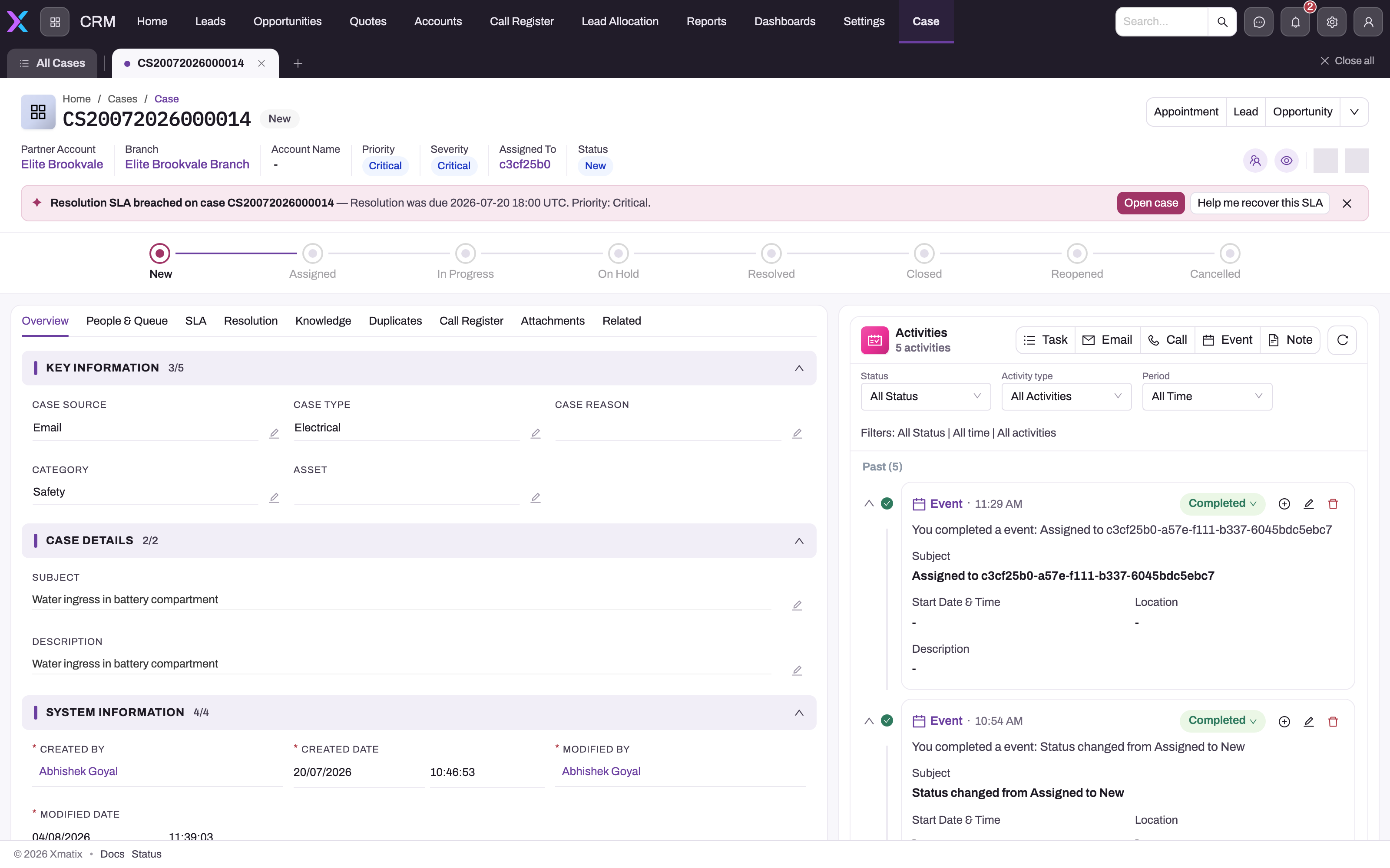 A saved Critical-priority case in New status on the Overview tab, with the status stepper, Key Information, Case Details and System Information sections and the Activities timeline on the right