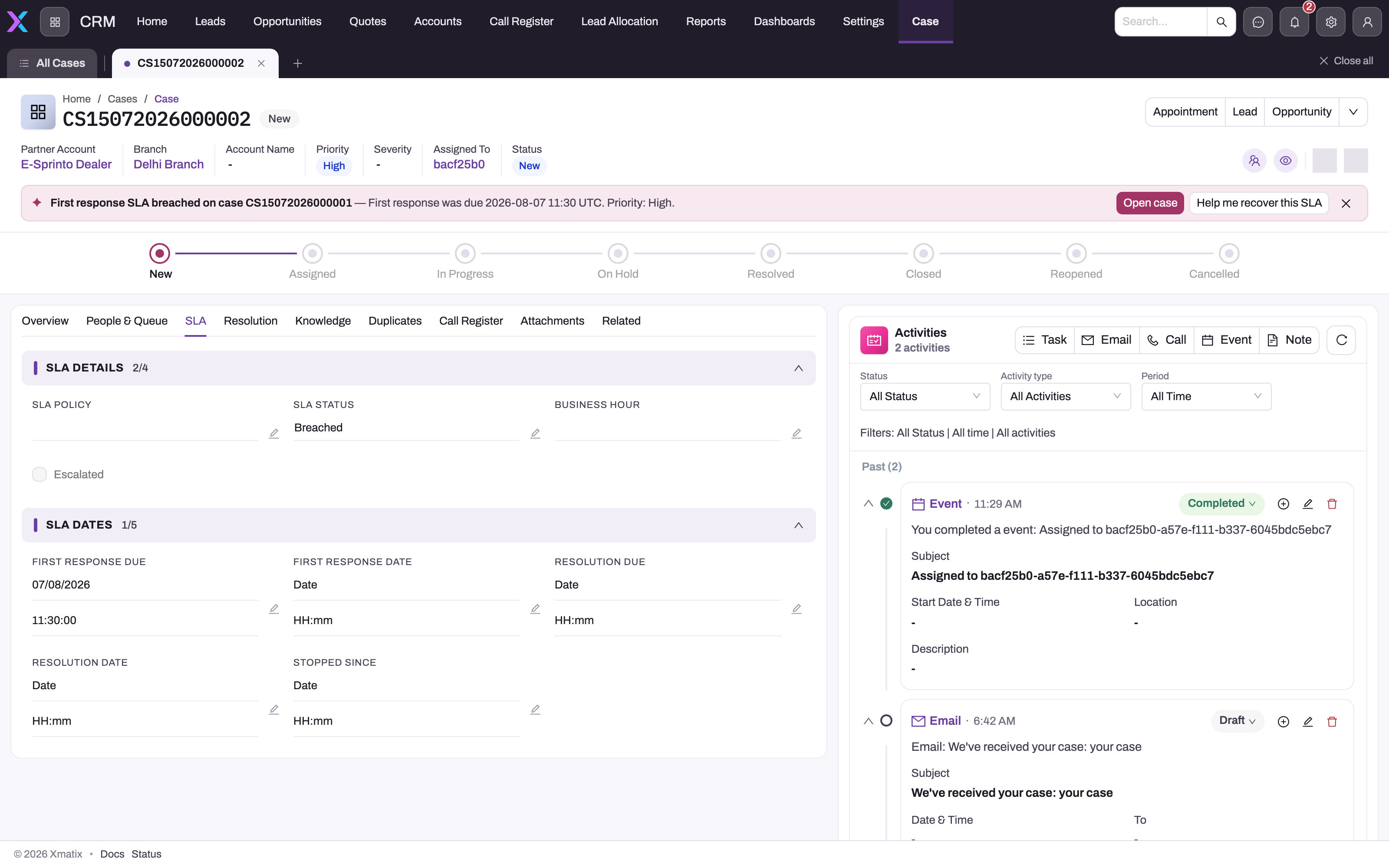 Case record on the SLA tab showing SLA Status Breached, the Escalated flag, First Response Due date and time, empty response and resolution dates, and a Sense nudge announcing the first-response breach