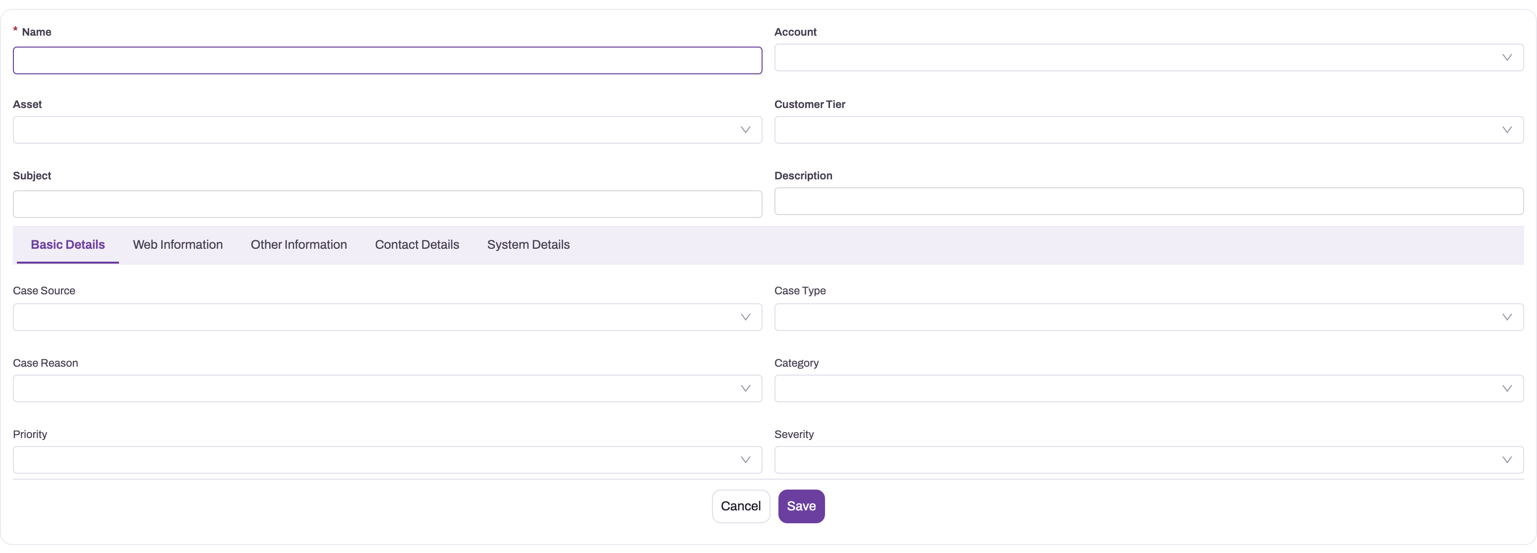 New Case form with Name, Account, Asset, Customer Tier, Subject and Description above a Basic Details tab holding Case Source, Case Type, Case Reason, Category, Priority and Severity