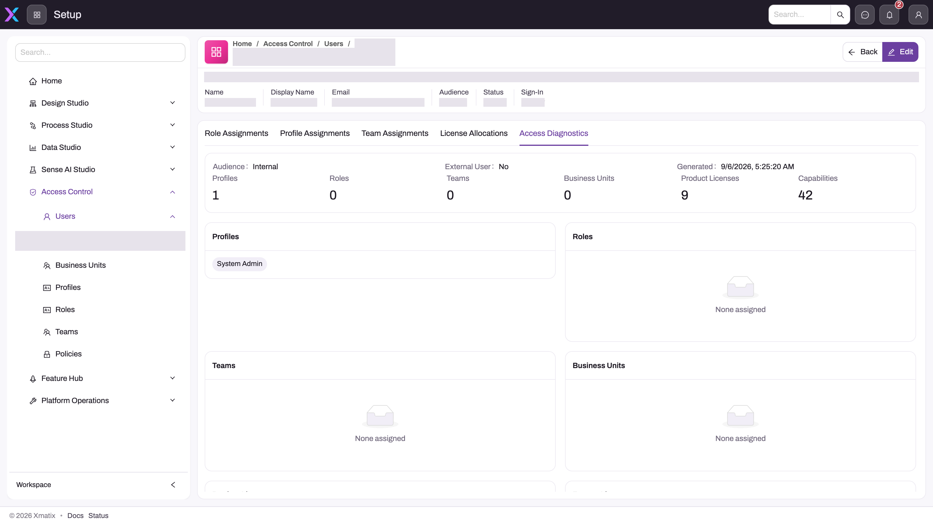 A user's Access Diagnostics tab under Setup, Access Control, Users: audience, counts of profiles, roles, teams, business units, product licenses and capabilities, and the Profiles card showing one assigned profile