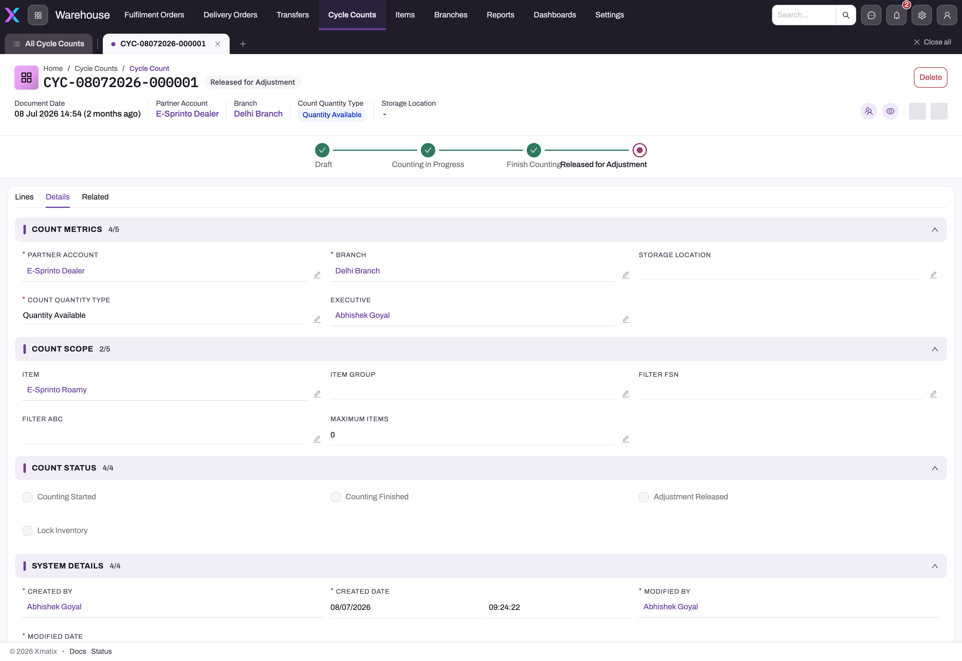 Details tab of a cycle count showing Count Metrics (partner account, branch, storage location, count quantity type, executive), Count Scope (item, item group, ABC/FSN filters, maximum items) and Count Status flags (Counting Started, Counting Finished, Adjustment Released, Lock Inventory)