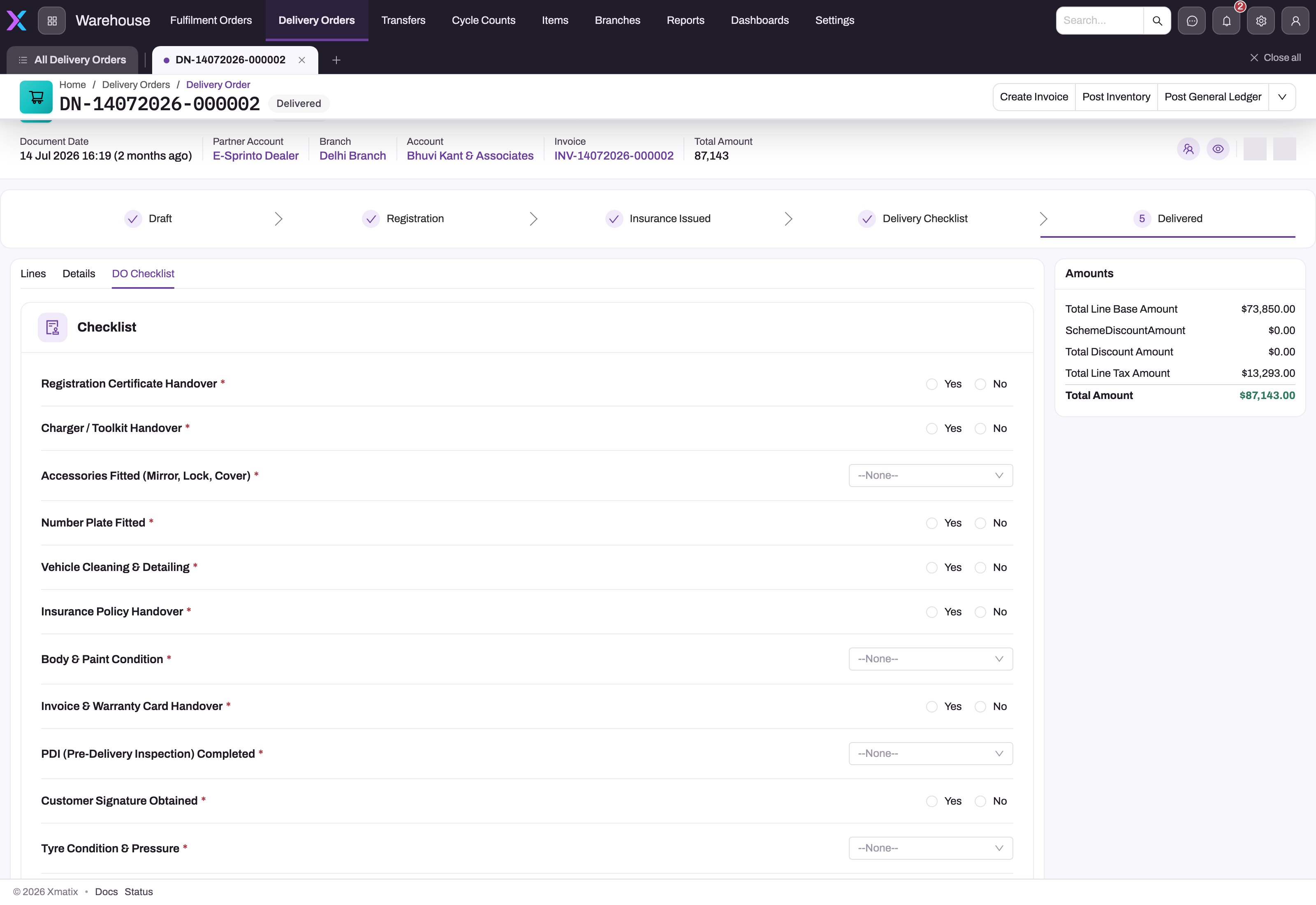 DO Checklist tab of a delivered delivery order listing the checklist items copied from the template — handover, fitting, condition and signature checks — each with Yes/No radios or a dropdown answer