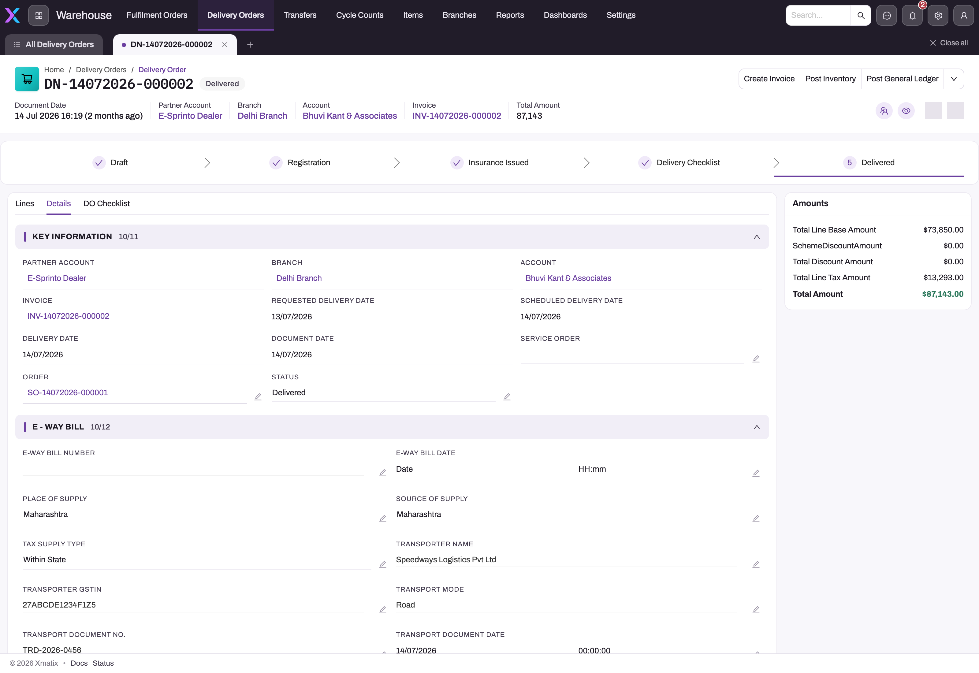Details tab of a delivered delivery order showing Key Information (partner account, branch, account, invoice, requested, scheduled and actual delivery dates, order, status) and the E-Way Bill section with transporter, GSTIN, transport mode and transport document fields, plus the Amounts panel