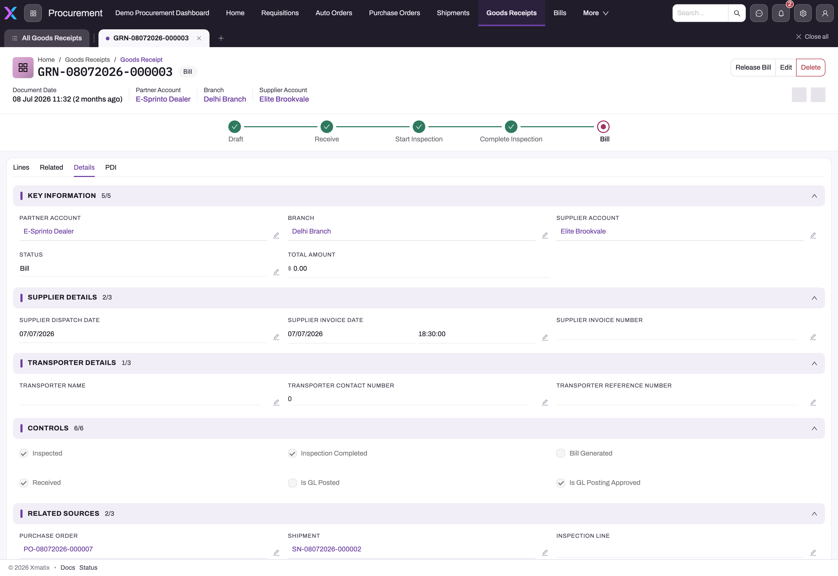 Details tab of a billed goods receipt showing Key Information, Supplier Details, Transporter Details, the Controls flags (Inspected, Inspection Completed, Bill Generated, Received, GL posting) and Related Sources with the purchase order and shipment links