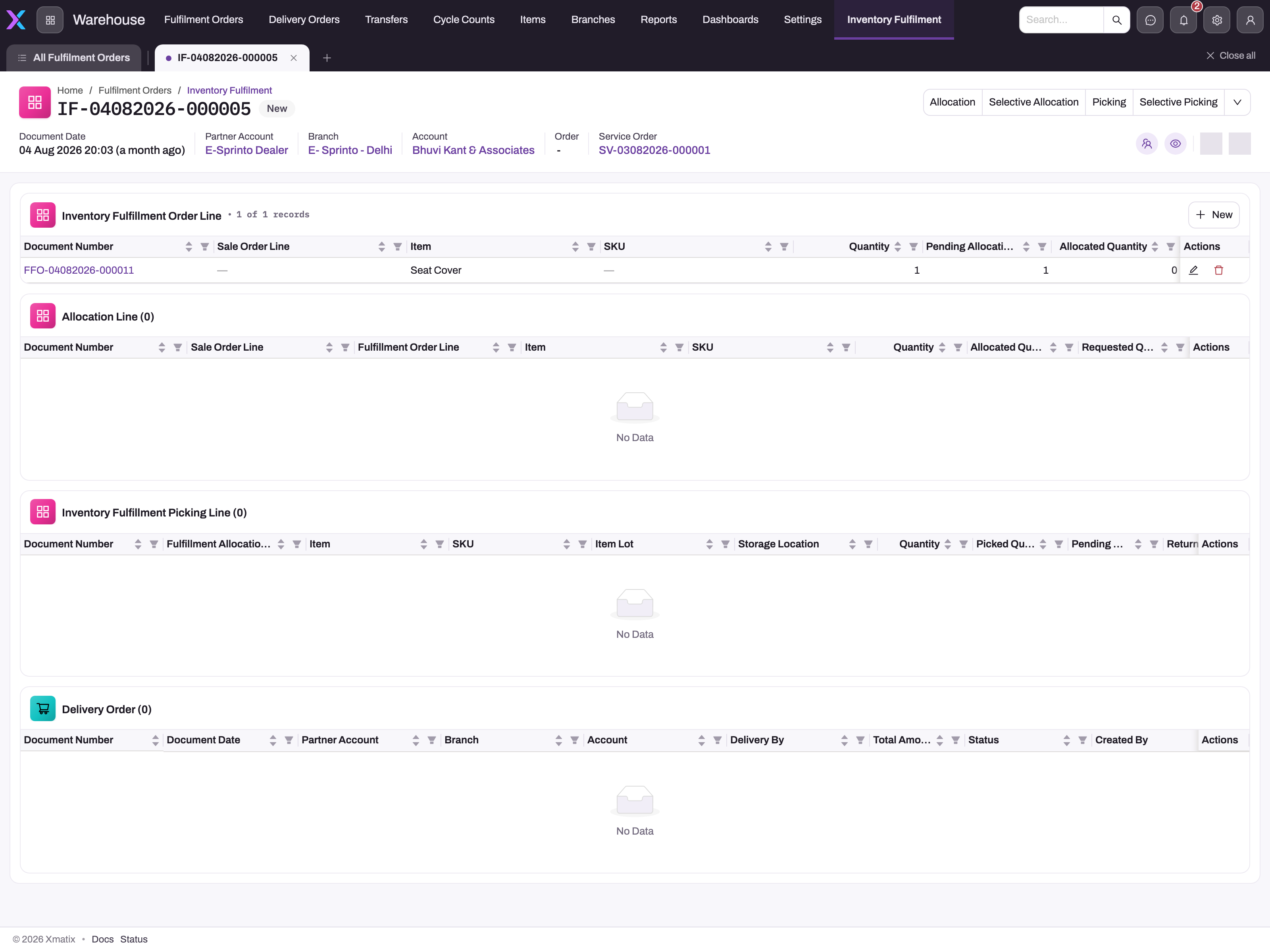 Saved Inventory Fulfilment in status New showing the header actions Allocation, Selective Allocation, Picking and Selective Picking, one Inventory Fulfillment Order Line with pending allocation quantity, and the empty Allocation Line, Picking Line and Delivery Order grids