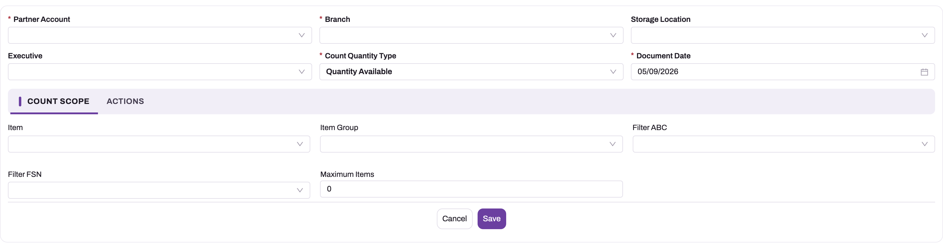 New Cycle Count form with Partner Account, Branch, Storage Location, Executive, Count Quantity Type and Document Date, and the Count Scope tab with Item, Item Group, Filter ABC, Filter FSN and Maximum Items