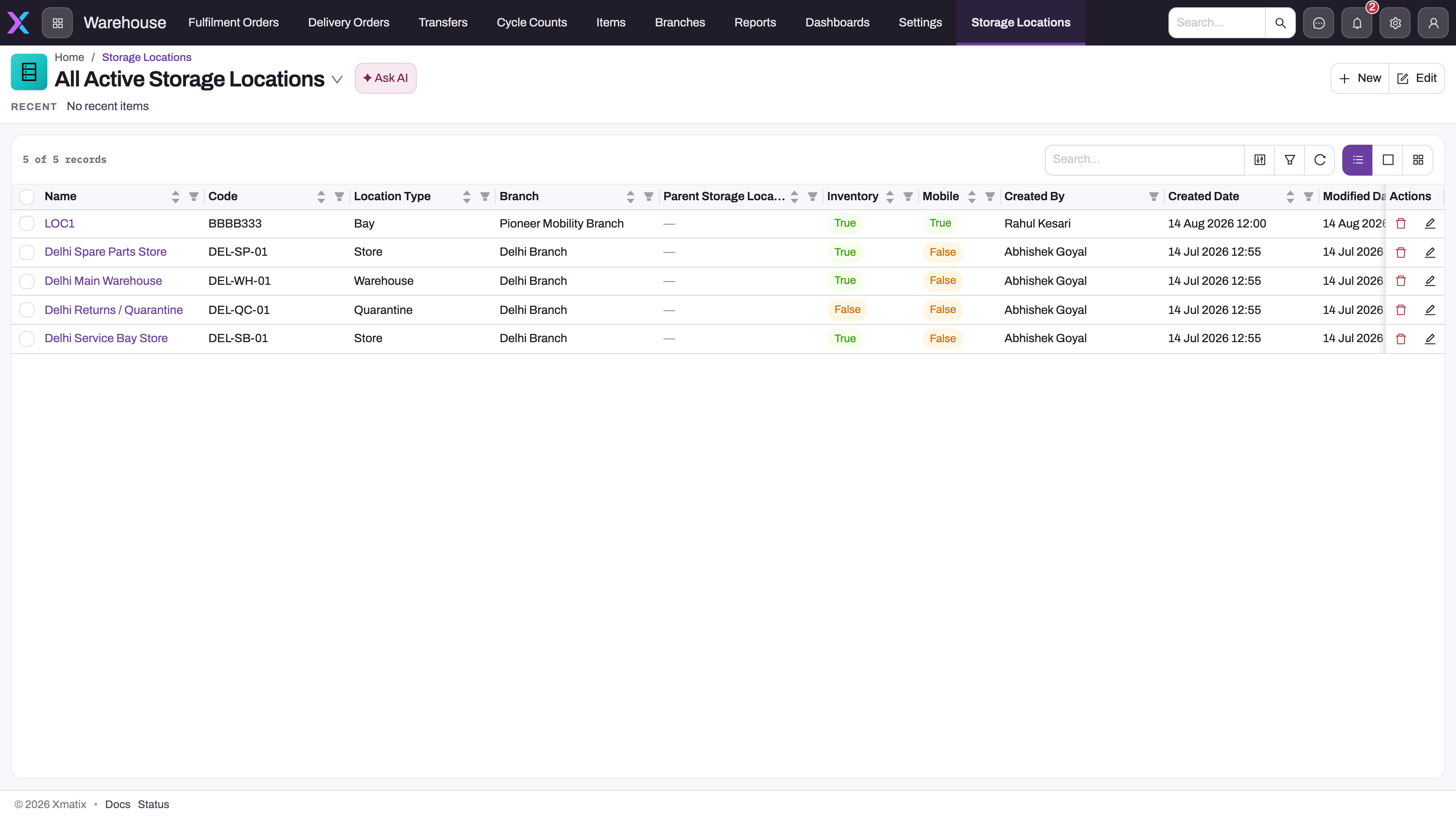 All Active Storage Locations list opened from the Warehouse app, showing five locations with code, location type, branch, parent, Inventory and Mobile flags